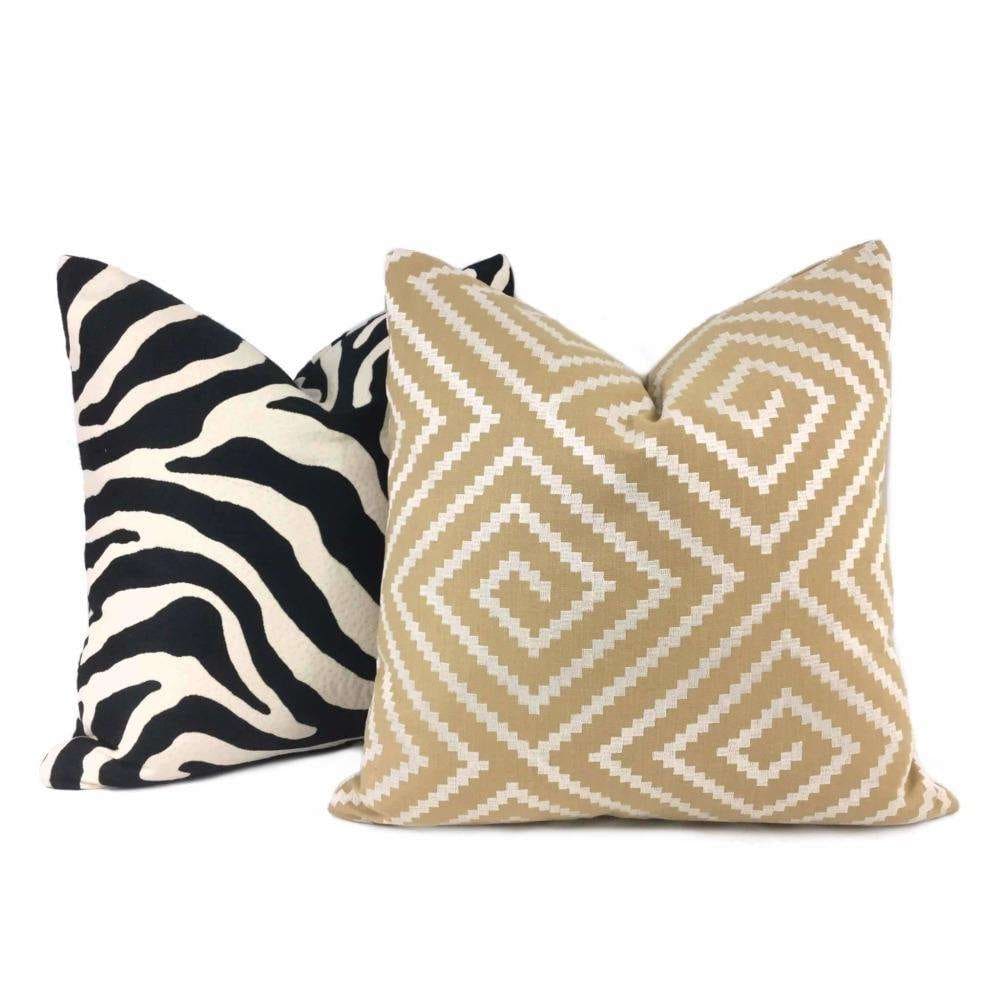 Agamemnon Embroidered Greek Key Pillow Cover - Pearl White on Tan - Elegant Home Decor for Living Room, Bedroom, Sofa & Couch