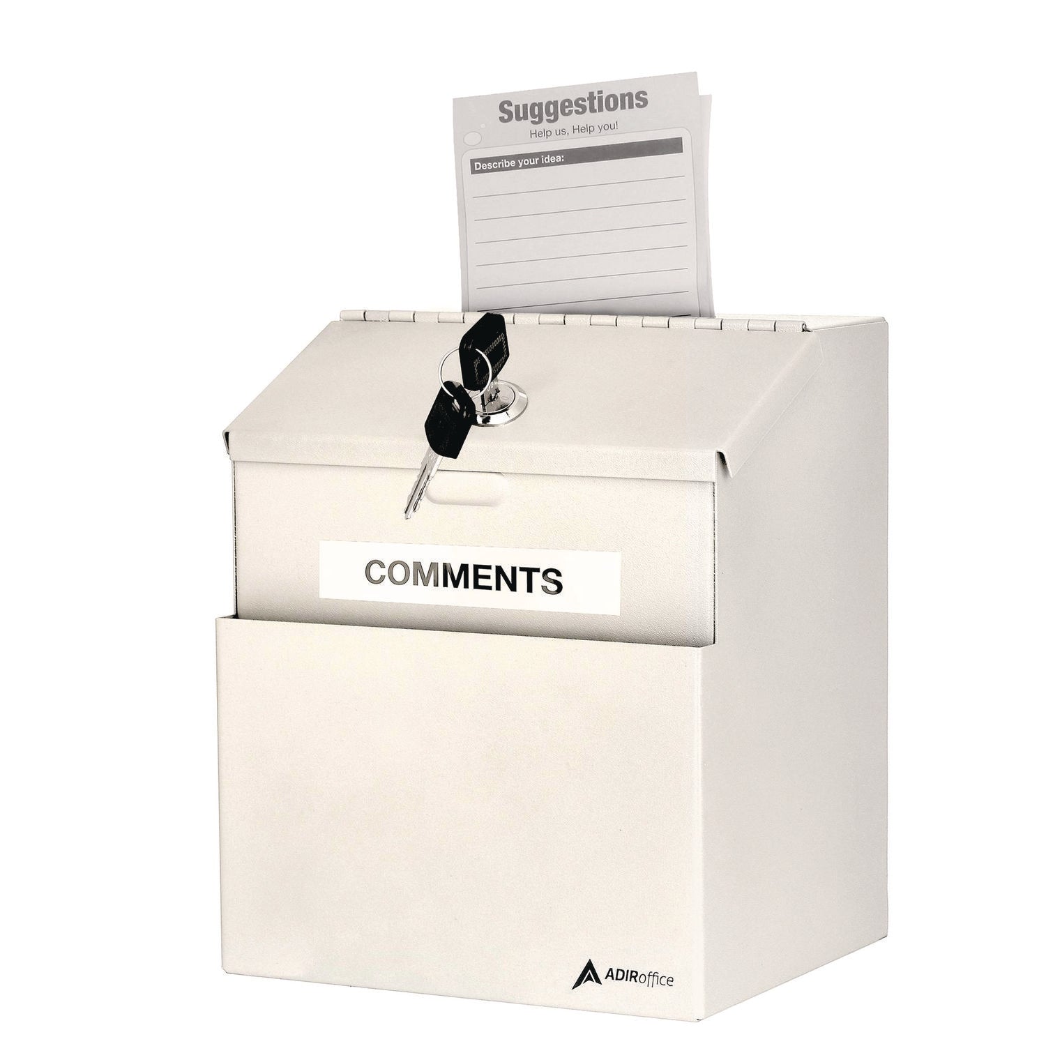 AdirOffice Wall Mountable Steel Suggestion Secure Drop Box with Key - 7 x 6 x 8.5 Inches, Stainless Steel 304, White - Perfect for Offices, Schools, and Secure Document Collection