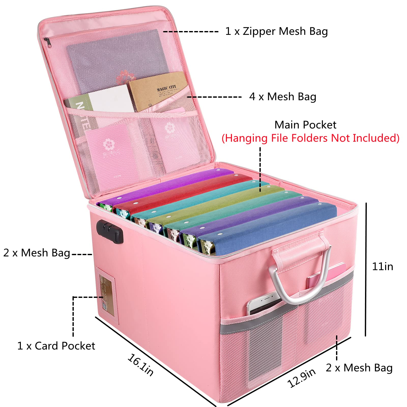 Fireproof Document Box with Lock - Portable File Organizer & Office Safe for Hanging Letter/Legal Folders (16.1 x 12.9 x 11 Inches, Pink) - Ideal for Home, Office & Emergency Document Storage