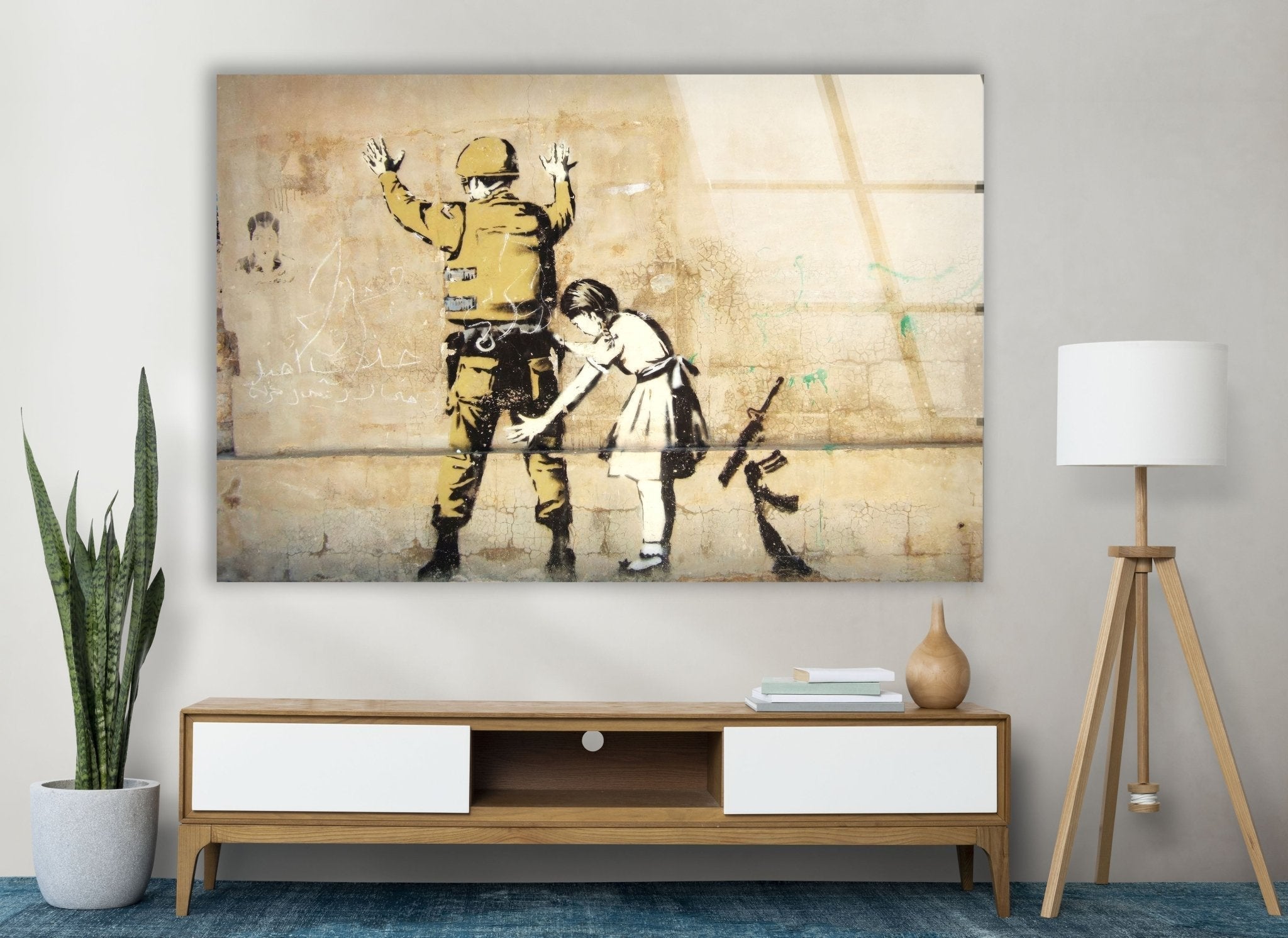Banksy Girl Frisking Soldier Glass Wall Art - Stunning Home Decor for Living Room, Office & Gifts | Modern Framed Glass Print