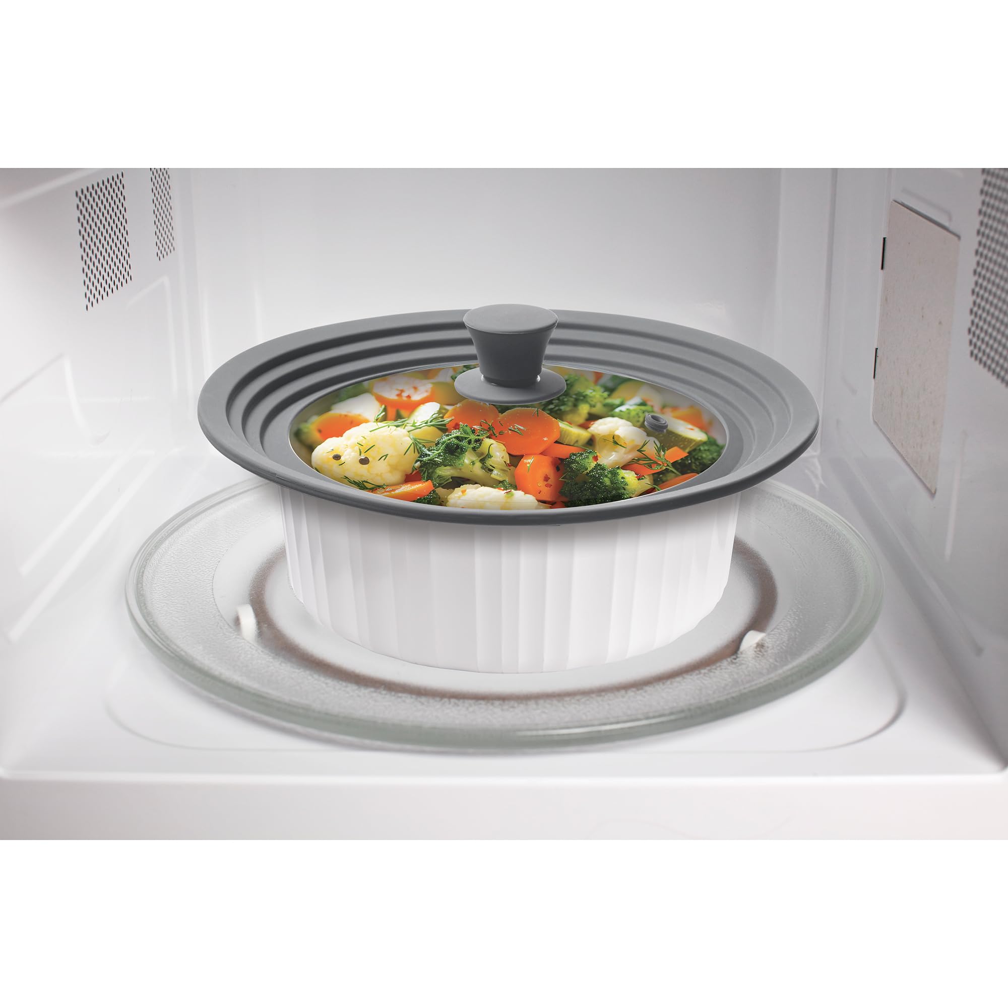 HIC Kitchen Universal Microwave-Safe Pot Lid Cover - Tempered Glass & Silicone - Fits 8.5 to 11.5 Inch Bowls & Pots - Splatter Guard for Cooking, Reheating & Food Storage