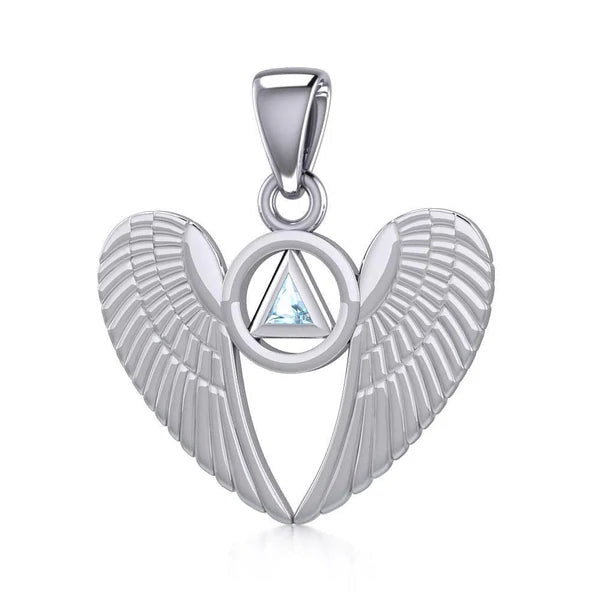 Angel Wings Sterling Silver Pendant with Inlaid Recovery Symbol - Elegant Jewelry for Healing & Inspiration - Perfect for Gifts, Recovery Milestones & Spiritual Wear