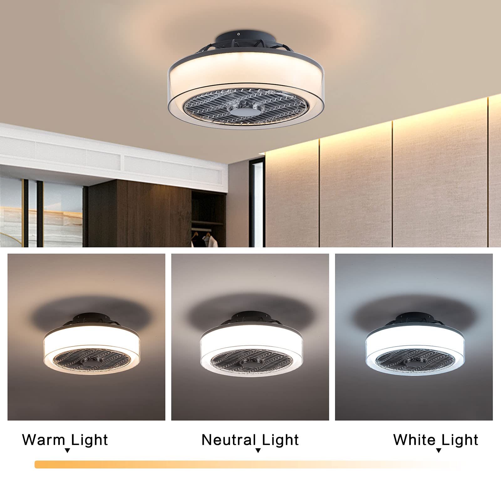 Dimmable 15 Inch Semi Flush Mount Ceiling Fan with Light & Remote Control - 3-Speed Low Profile Fandelier with Hidden Blades for Bedroom, Living Room & Nursery (White) - Perfect for Modern Home Cooling & Stylish Lighting