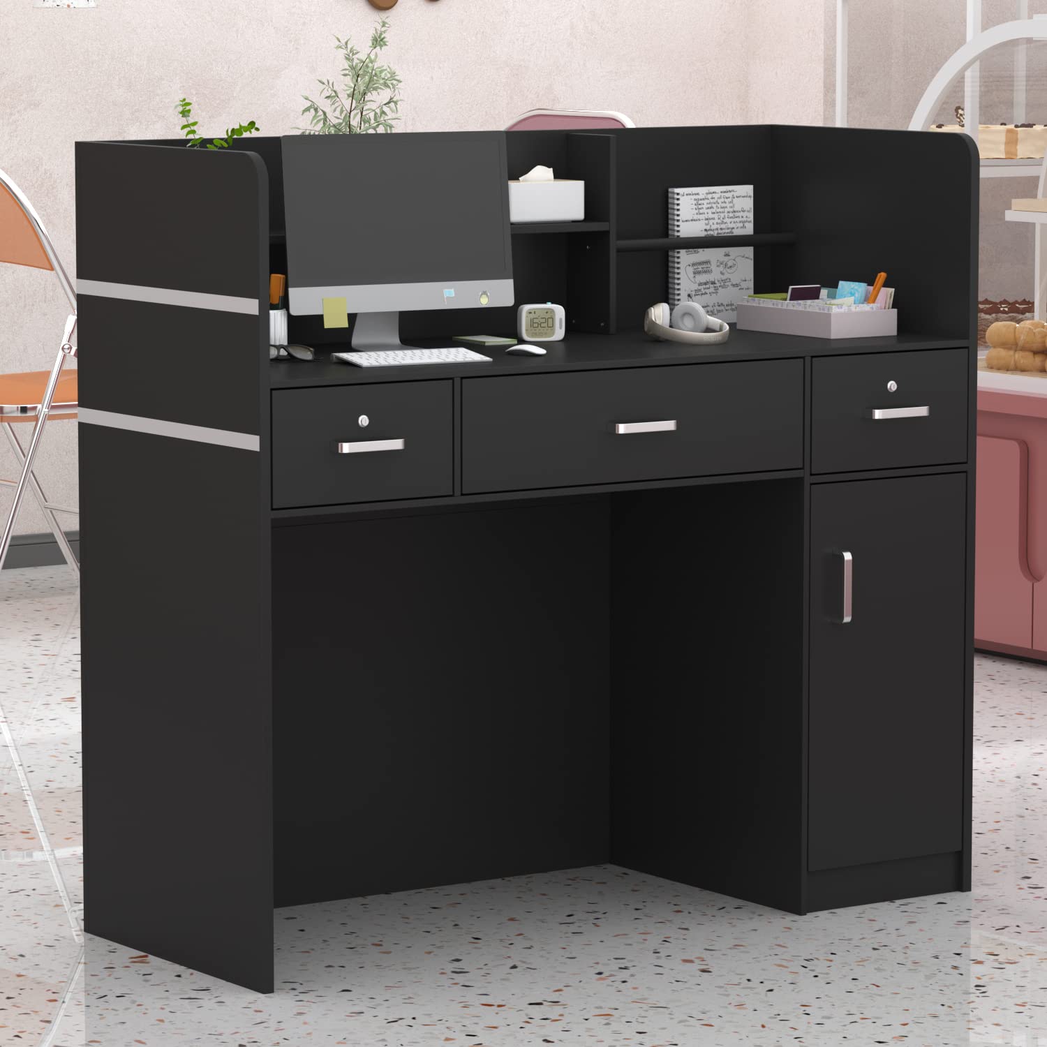 Wooden Reception Desk with Open Shelf & Lockable Drawers - Office Counter for Reception Room (Black) - Perfect for Corporate Lobbies
