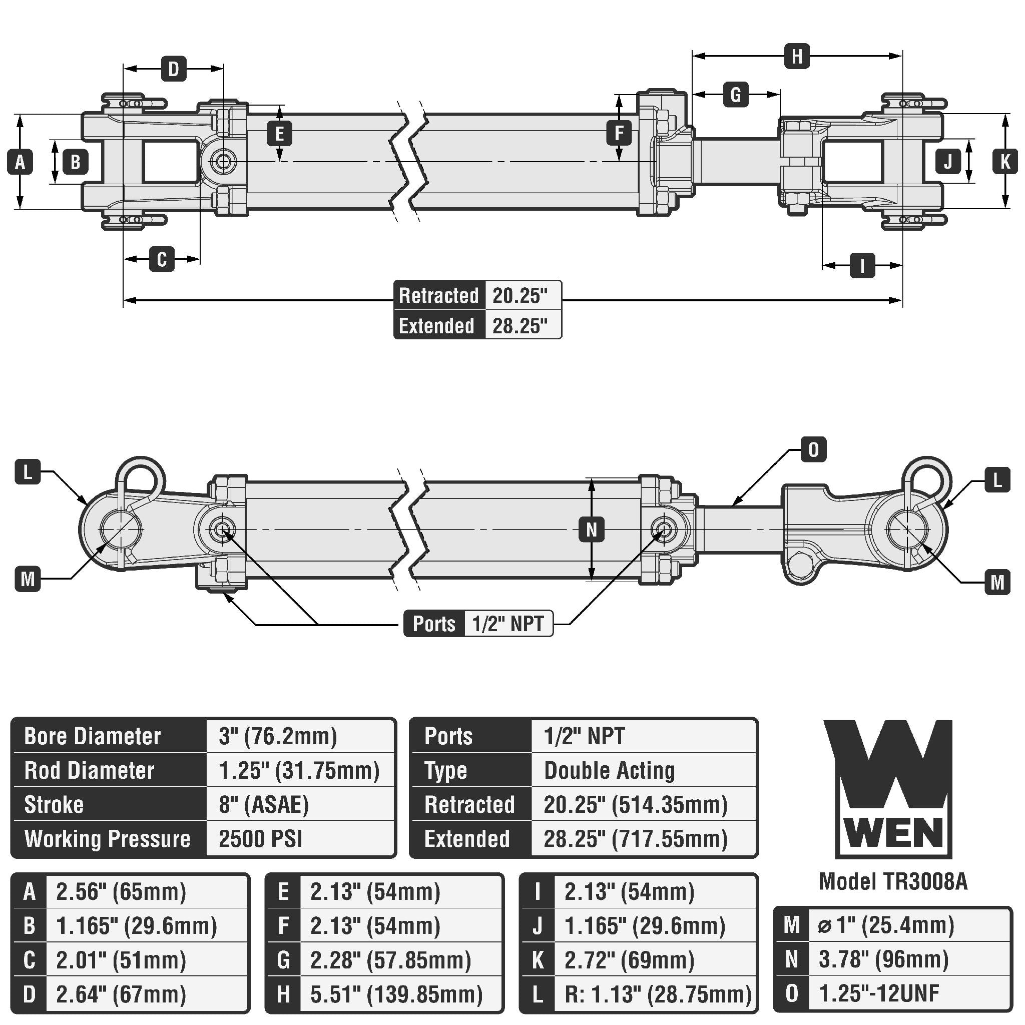 WEN TR3008A 2500 PSI ASAE Tie Rod Hydraulic Cylinder - 3 Inch Bore, 8 Inch Stroke for Heavy-Duty Construction, Agriculture & Industrial Equipment