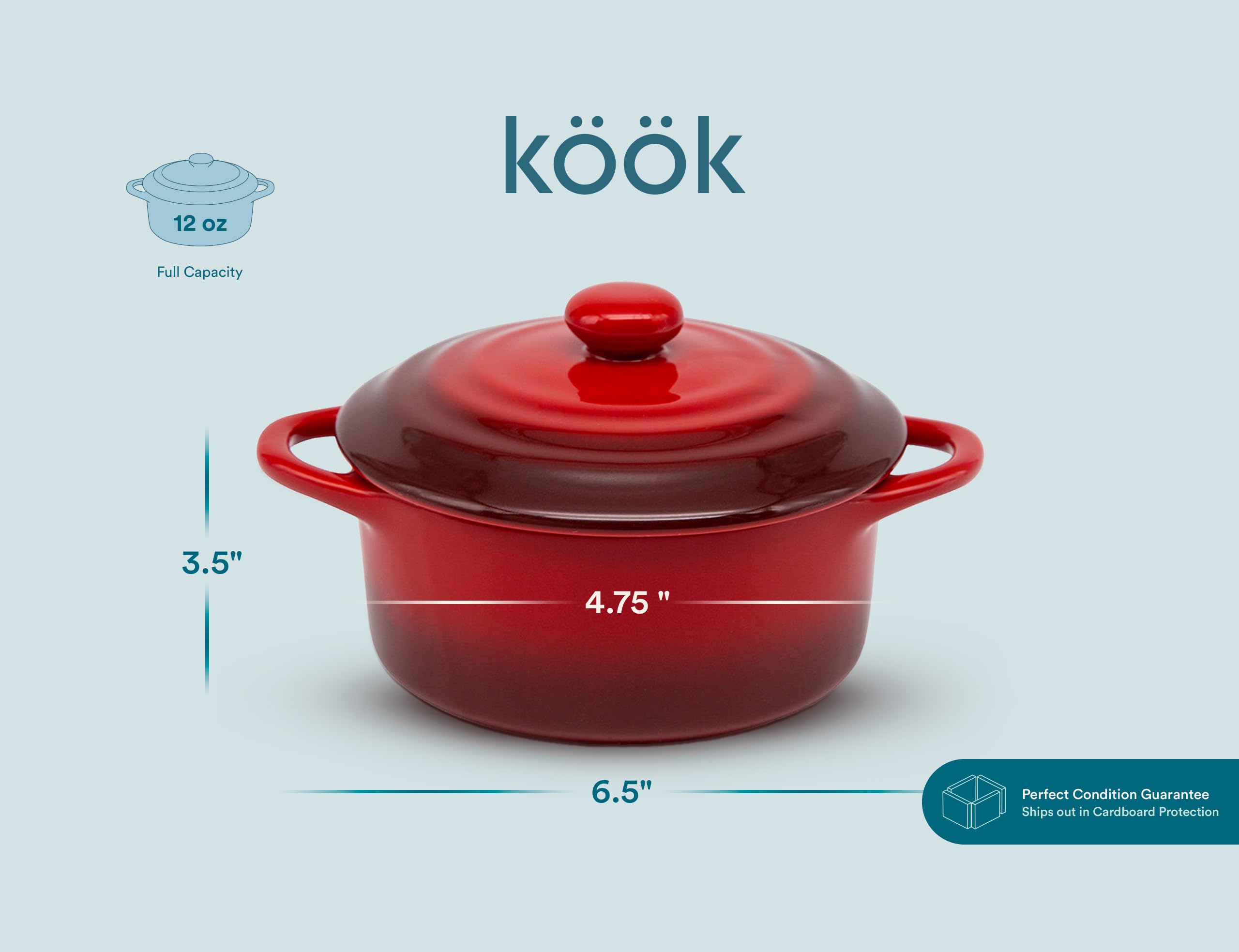 Kook Ceramic Mini Cocotte Set - 4-Piece 12oz Small Casserole Dishes with Lids | Oven, Microwave & Dishwasher Safe Stoneware Ramekins | Perfect for Individual Baking, French Onion Soup & Dessert Serving | Crimson Ombre Color