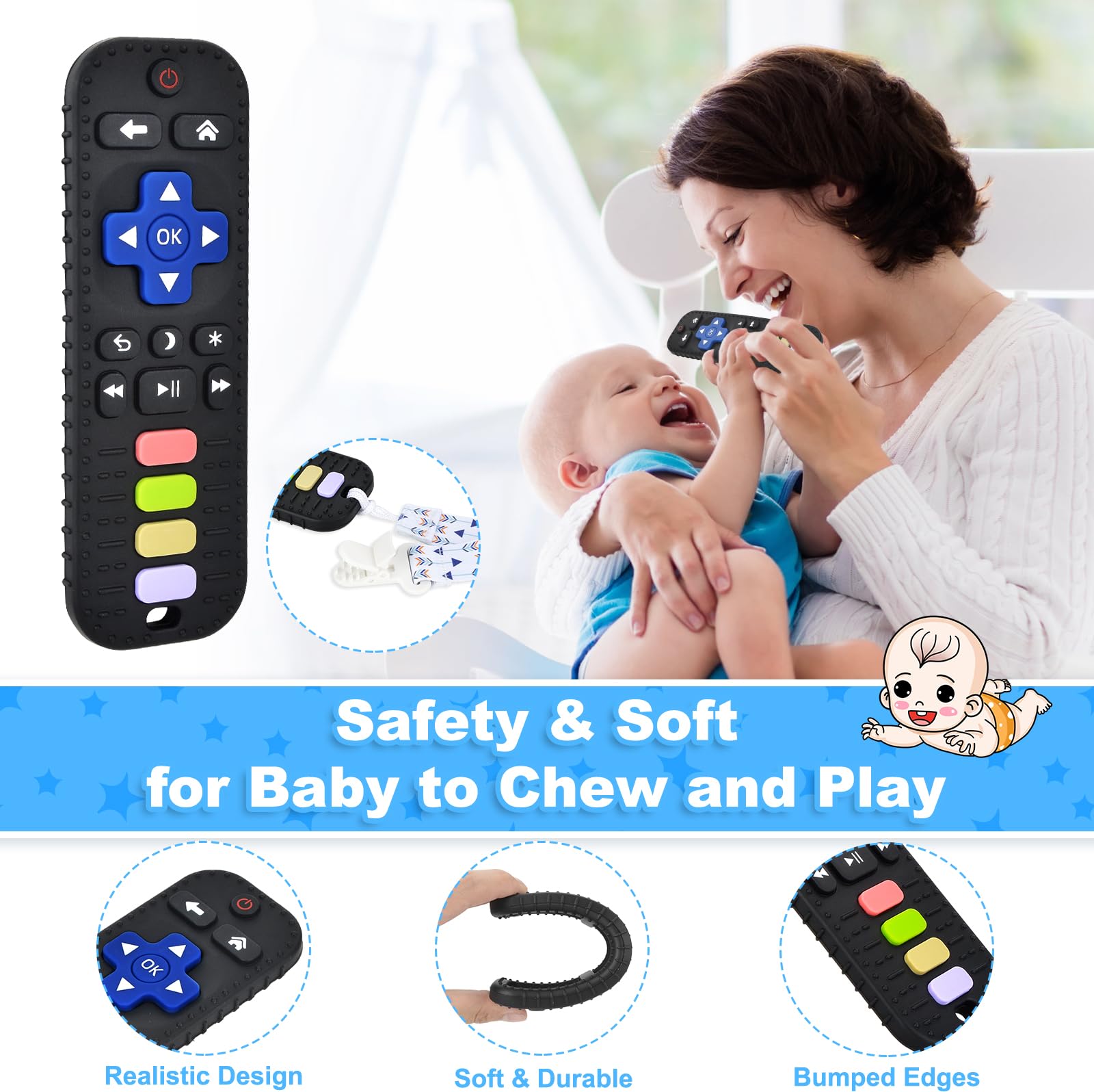 BPA-Free Baby Silicone Teething Toys - TV Remote Shaped Teether for Infants 3-18 Months | Soothing Chew Toy for Boys & Girls | Freezer Safe for Extra Relief | Perfect for Home, Travel & Daycare Use