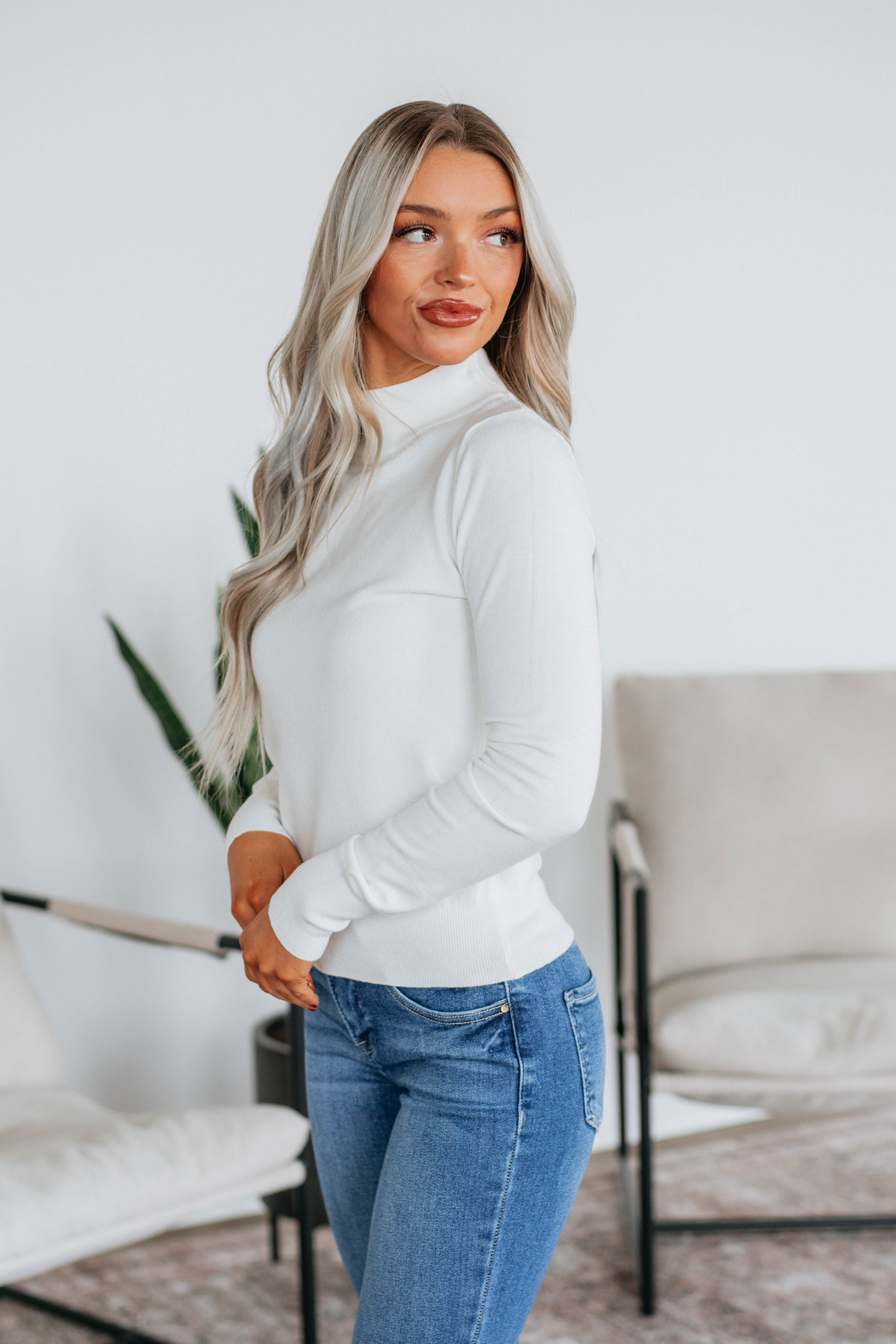 Afton Mock Neck Top for Women - Ivory Long Sleeve T-Shirt - Casual & Work Wear - Perfect for Office, Outfits & Layering