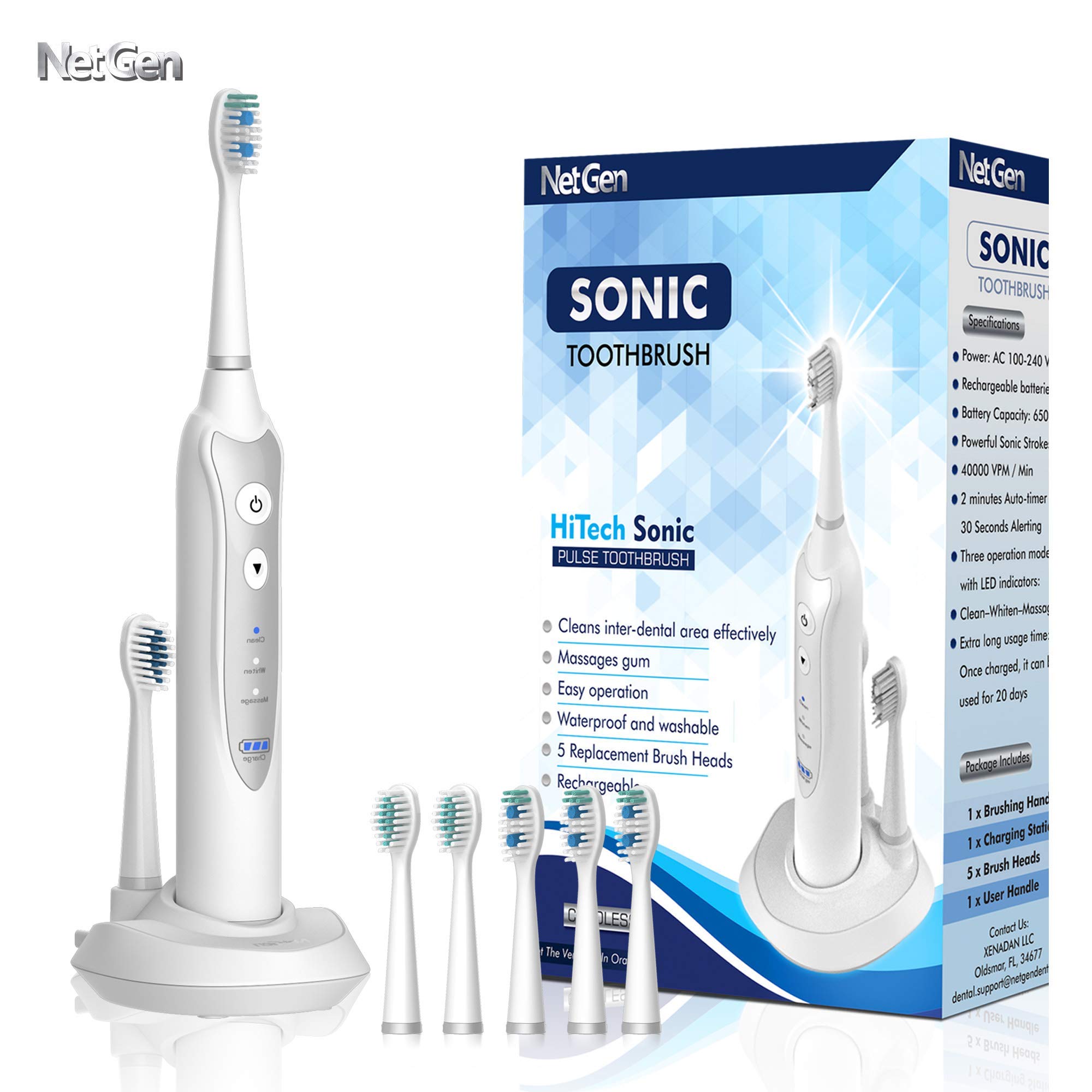 Sonic Electric Toothbrush with 3 Brushing Modes & Timer - 5 Replacement Heads & Fast Wireless Charging - Black/White Travel Toothbrush for Home, Office & Vacation Use