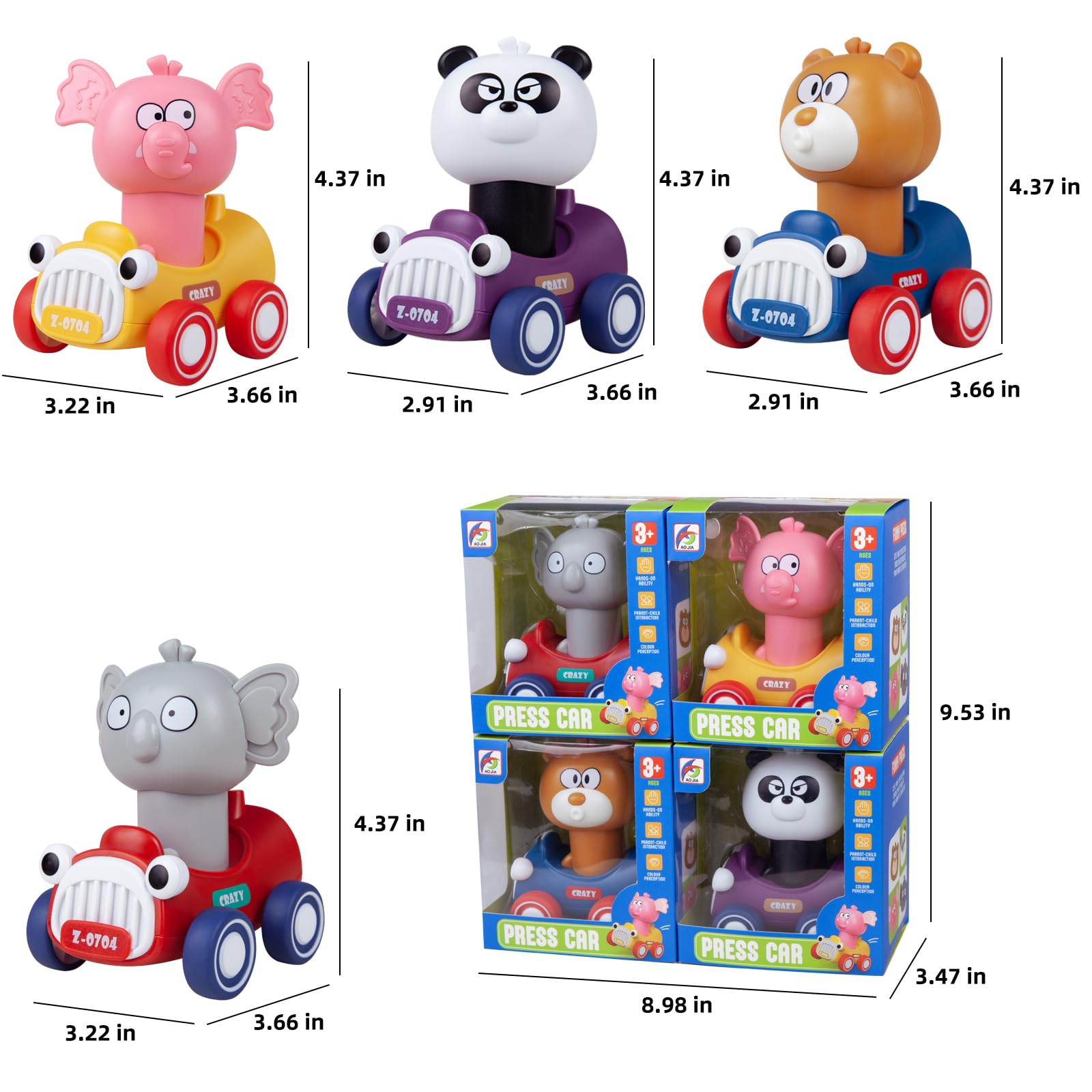 Press and Go Animal Toy Cars for Toddlers 1-3 Years Old - 4 Pack Pull Back Vehicles for 1 2 3 Year Old Boys & Girls - Perfect Birthday Gift & Early Learning Toy for 12-18 Month Babies - Fun Playtime for Home, Daycare or Travel