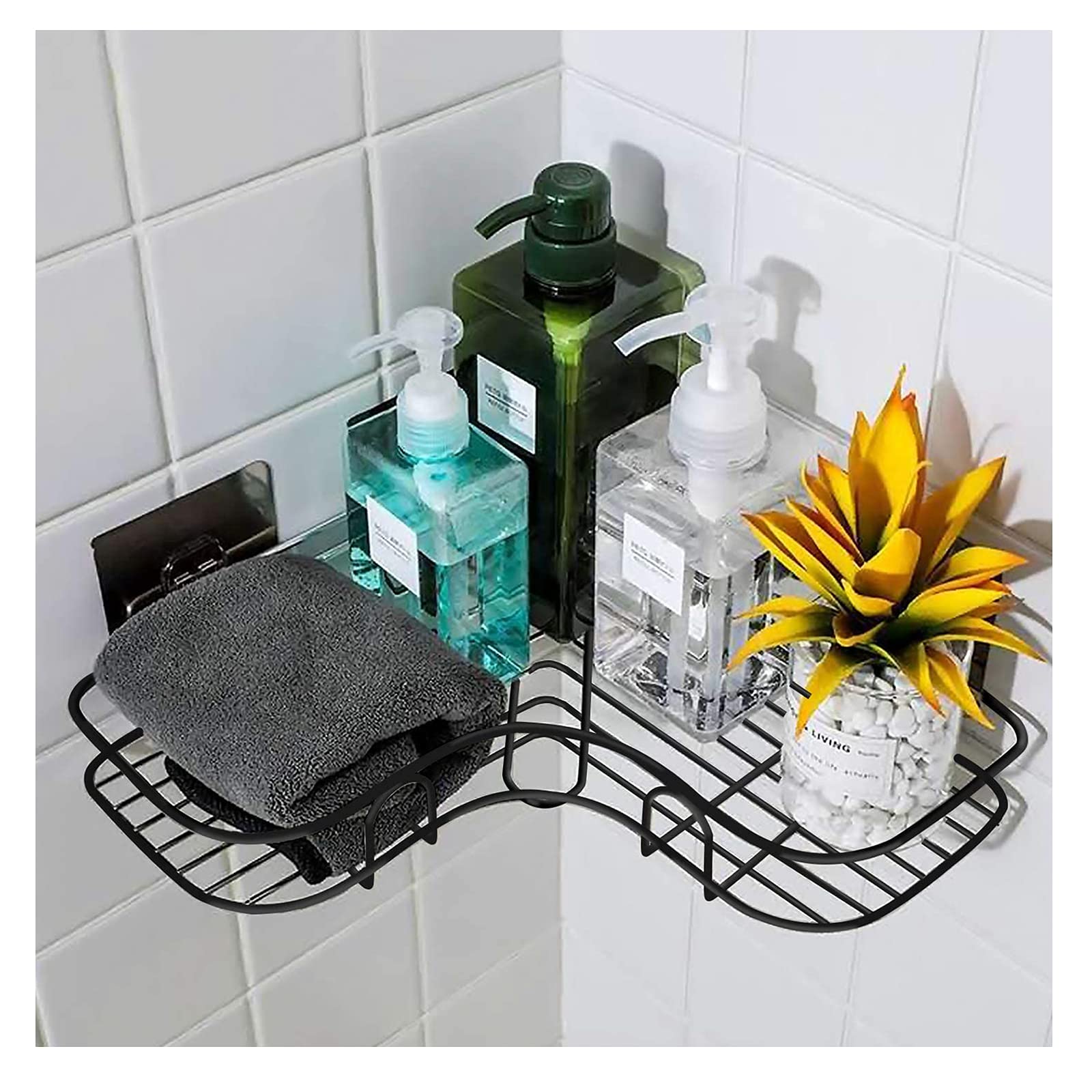 Stainless Steel Adhesive Shower Organizer - Drill-Free Bathroom Corner Shelf with Hooks, Rustproof & Waterproof Shower Caddy Basket for Shampoo & Toiletries - Perfect for Small Bathrooms, Apartments & Rented Spaces