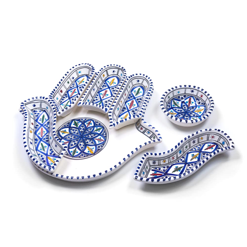 Hand-Painted Bohemian Blue Ceramic Appetizer Plates & Serving Tray Set - Custom Kamsah Dinnerware for Parties, Weddings, Holidays & Special Events - Perfect for Entertaining, Hors d'Oeuvres & Charcuterie Boards