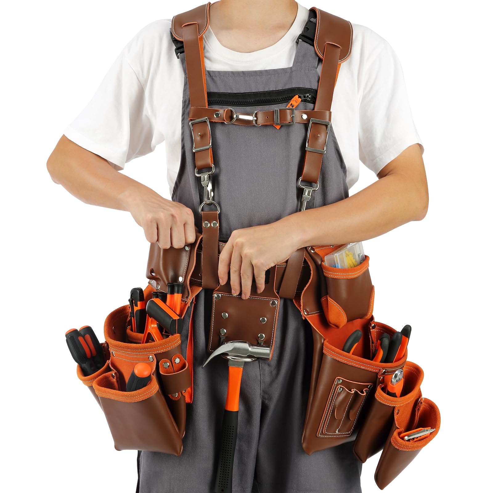 VEVOR Heavy Duty Leather Tool Belt with Suspenders - 19 Pockets Adjustable Waist 29-54 inches - Professional Carpenter Electrician Gardening Work Belt - Perfect for Construction, Woodworking & Outdoor Projects (Brown)