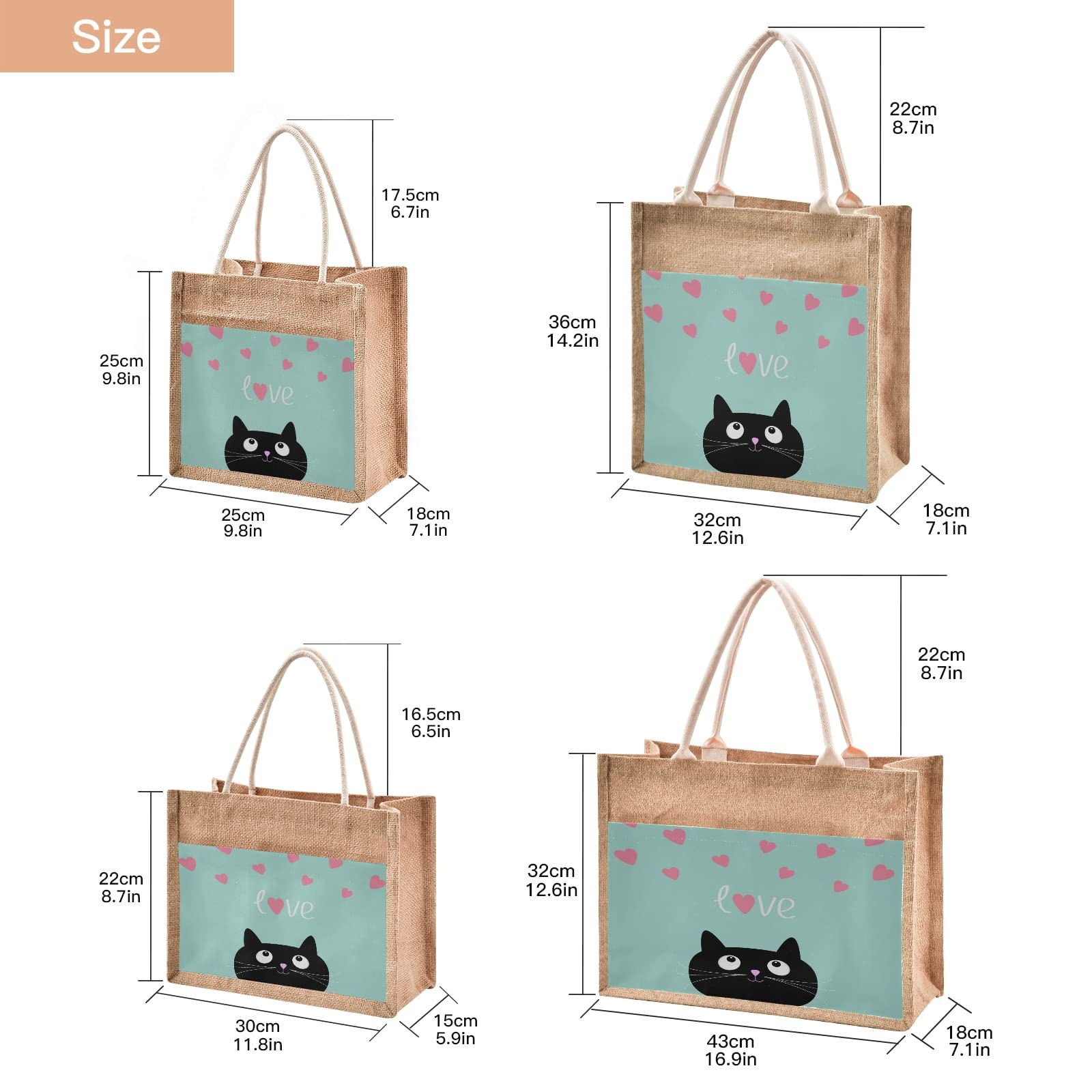 ALAZA Cat Heart Jute Tote Bag - Reusable Grocery & Beach Bag for Pet Lovers