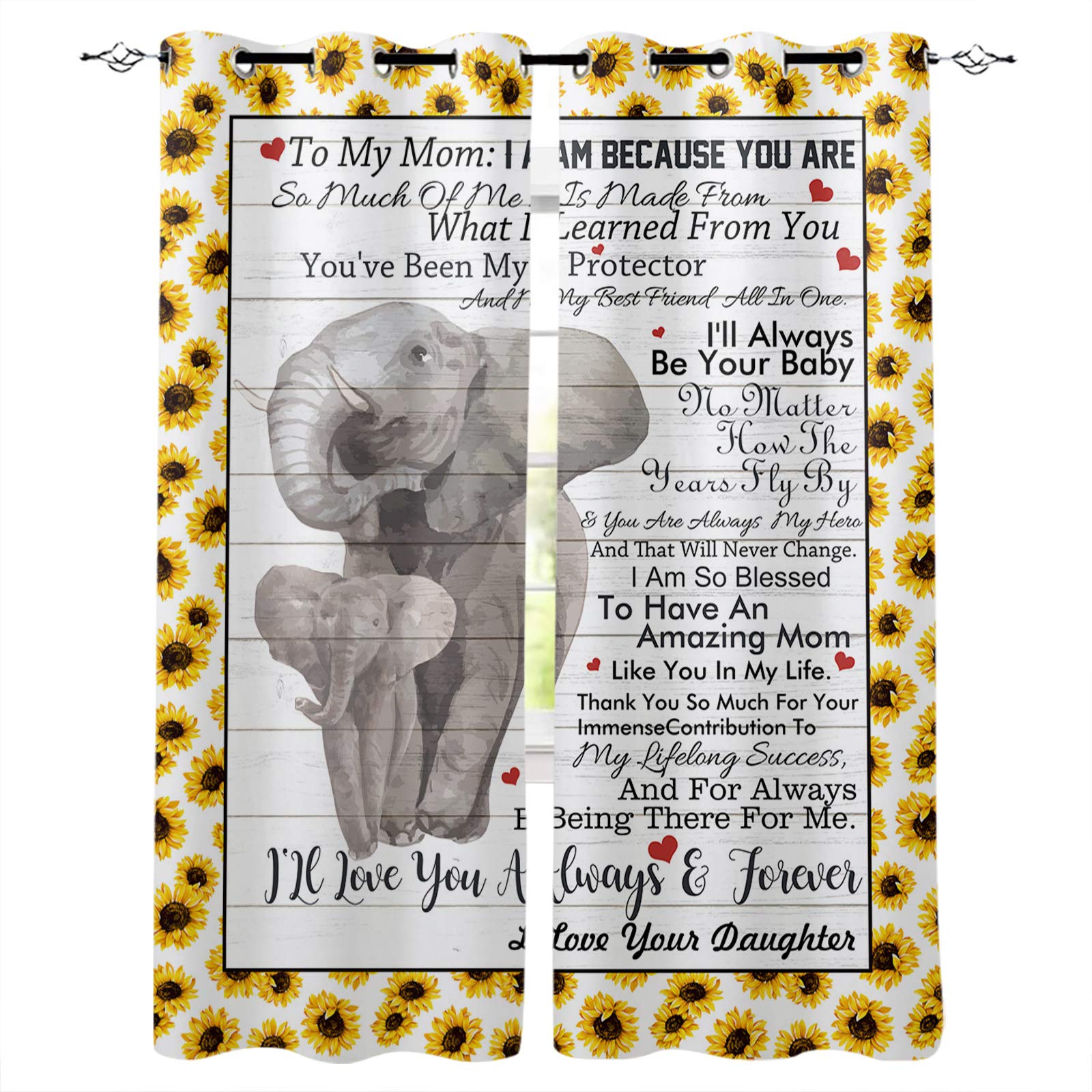 Vintage Plank Blackout Window Curtains - Mother's Day Elephant & Sunflower Design, 96 Inch Room Darkening Panels with Grommet Top for Bedroom, Living Room & Kitchen - Perfect for Nursery Decor & Farmhouse Style Windows