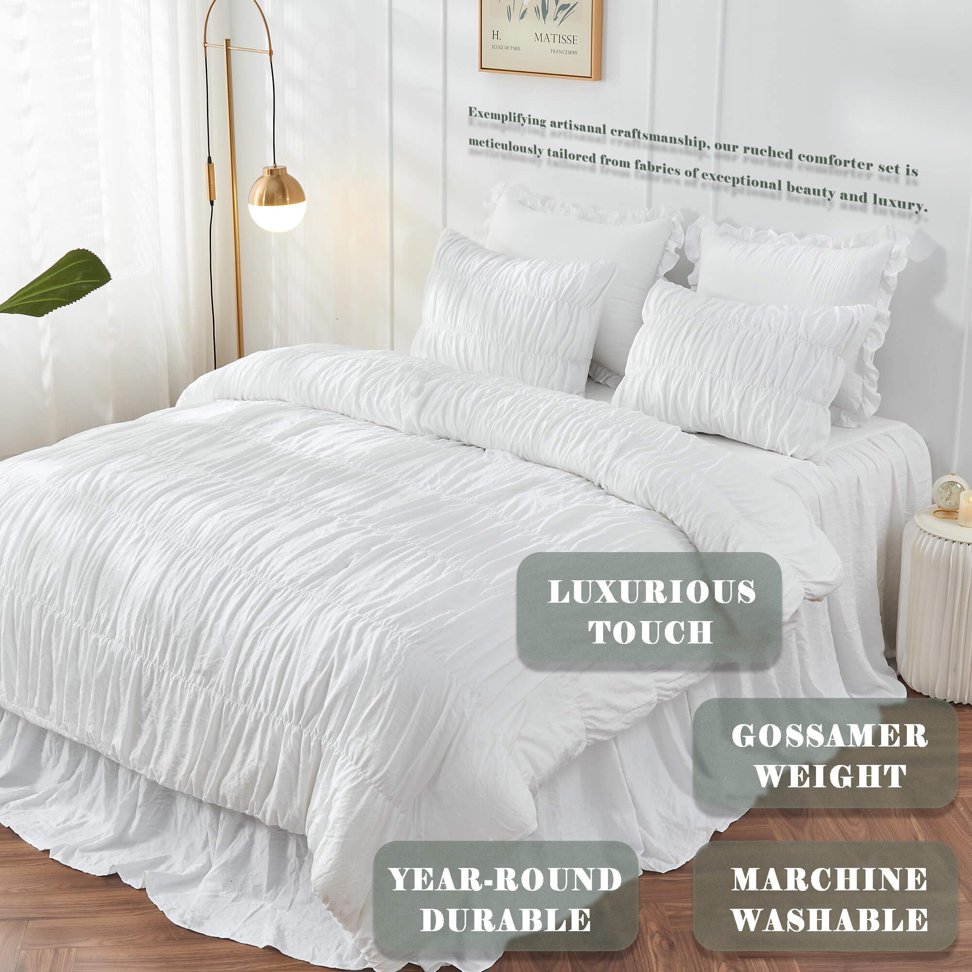 Queen Comforter Set - White Boho Shabby Chic Bedding - Fluffy 3 Piece Ruffle Comforter with Pillow Shams - Perfect for Master Bedroom, Guest Room & Bohemian Home Decor