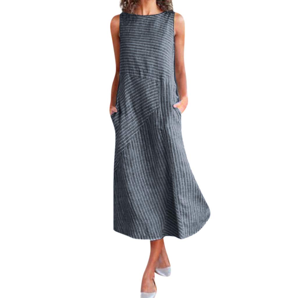 iYBWZH Women's Casual Striped Sleeveless Linen Dress with Pockets - Crewneck Summer Party Maxi Dress for Beach, Vacation & Outdoor Events