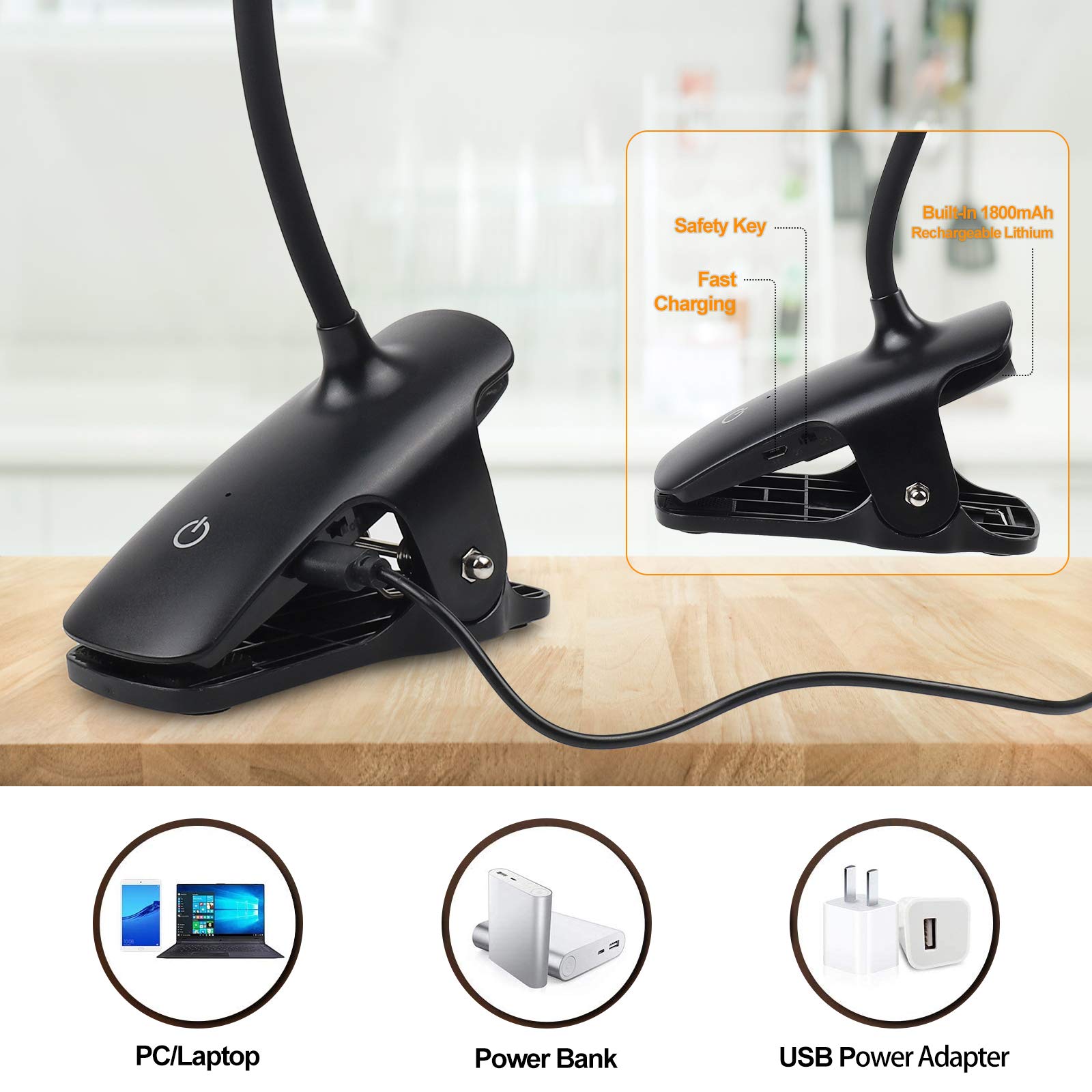 Rechargeable Clip-On Reading Light for Bed - Adjustable 5 Brightness Levels, Flexible Neck, Touch Control Dimmable Desk Lamp, Amber Night Light (Black) - Perfect for Reading in Bed, Studying, or as a Gentle Night Light