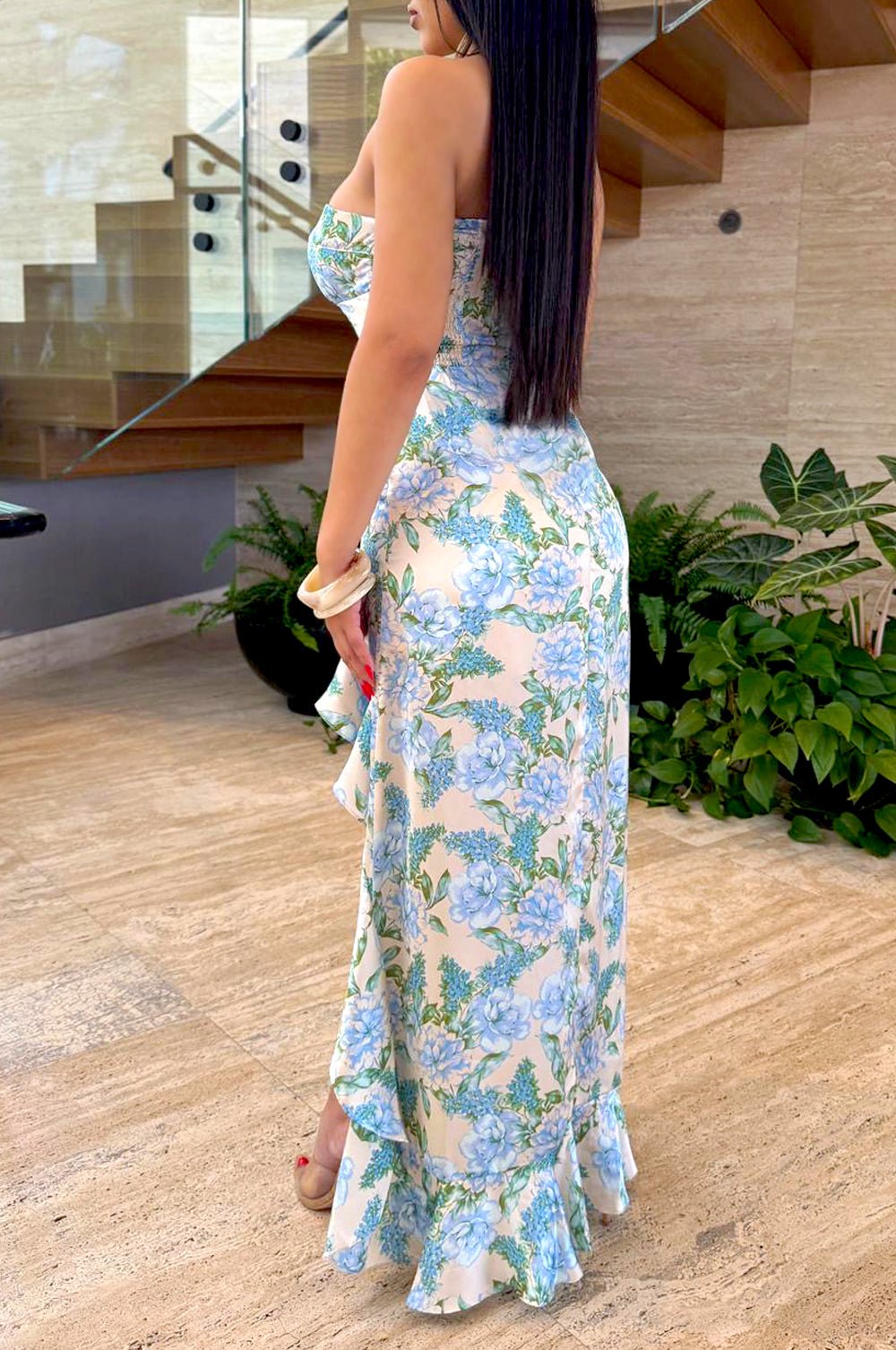 Elegant Green Blue Floral Print Sweetheart Strapless Ruffle Slit Dress for Women - Perfect for Summer Weddings, Cocktail Parties & Date Nights