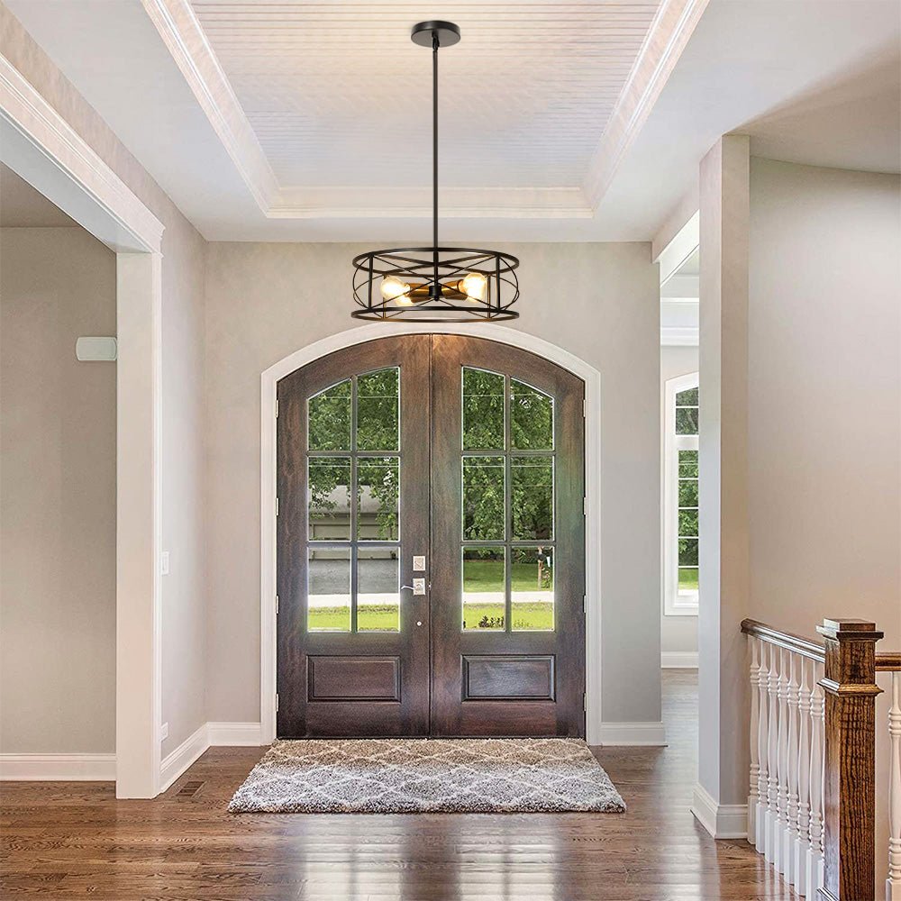 DLLT 4-Light Black Round Pendant Lighting Fixture - 18 Inch Industrial Metal Drum Cage Chandelier - Farmhouse Hanging Light for Dining Room Kitchen Living Room Bedroom Hallway - Perfect for Rustic Home Decor & Modern Interior Design