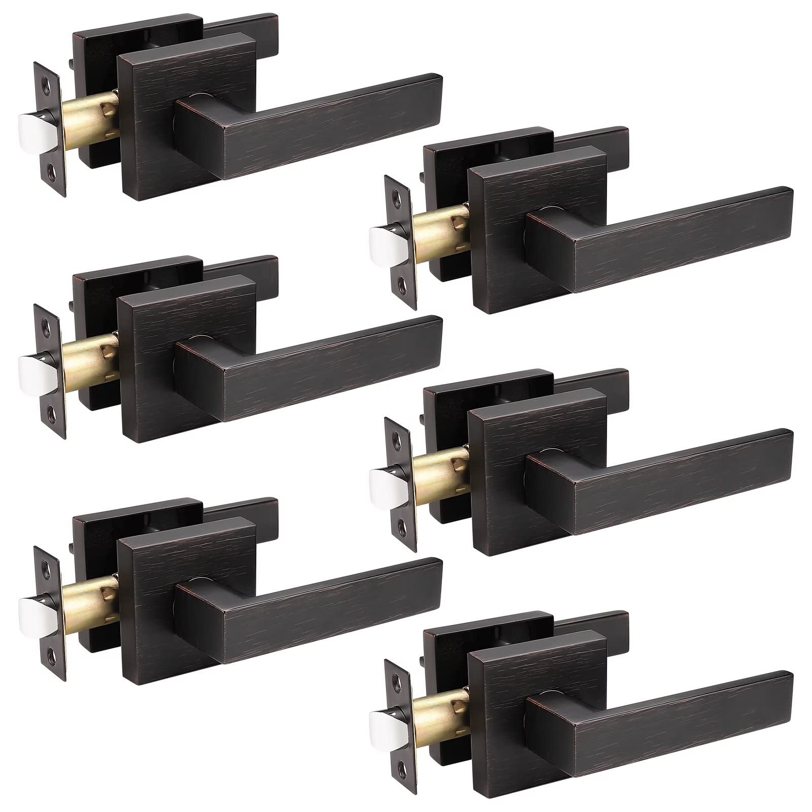 Probrico 6 Pack Heavy Duty Square Keyless Door Lever Set - Oil Rubbed Bronze Finish, Non-Locking Interior Door Knobs for Closets, Hallways & Bedrooms | Modern Passage Door Handles for Home & Office Use