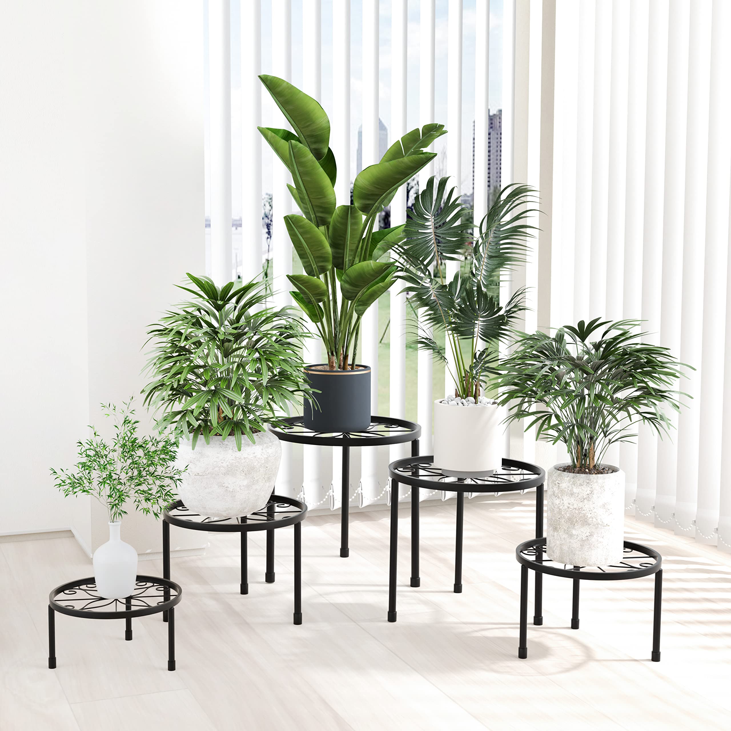 5-Pack Heavy Duty Metal Plant Stands - Rust-Resistant Iron Flower Pot Shelf for Indoor & Outdoor Plants - Perfect for Home, Garden, and Patio Decor (Black)
