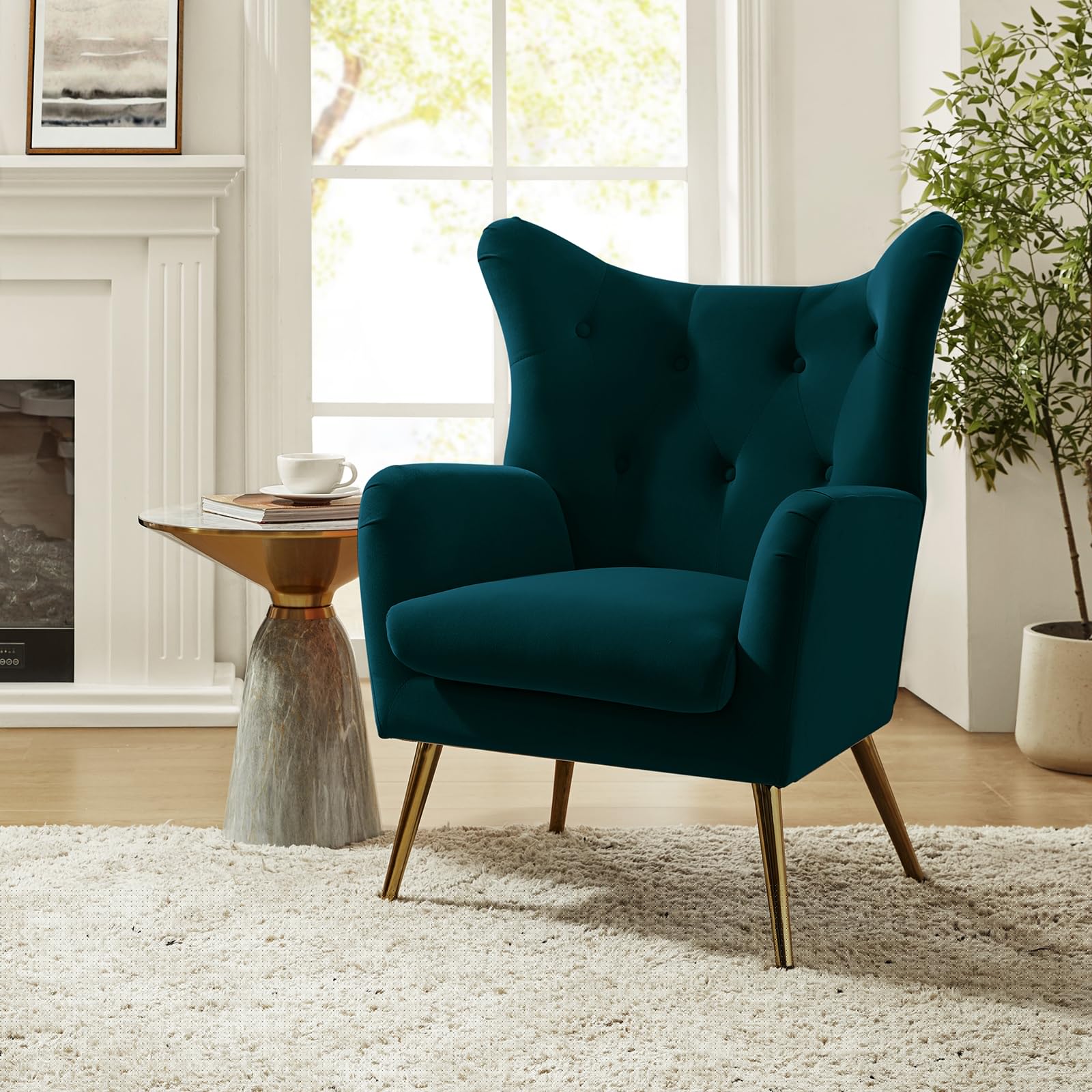 Velvet Accent Chair with Gold Metal Legs - Modern Wingback Tufted Upholstered Armchair for Living Room, Bedroom & Dining Room | Luxurious Teal Velvet Club Chair for Home Decor & Guest Seating