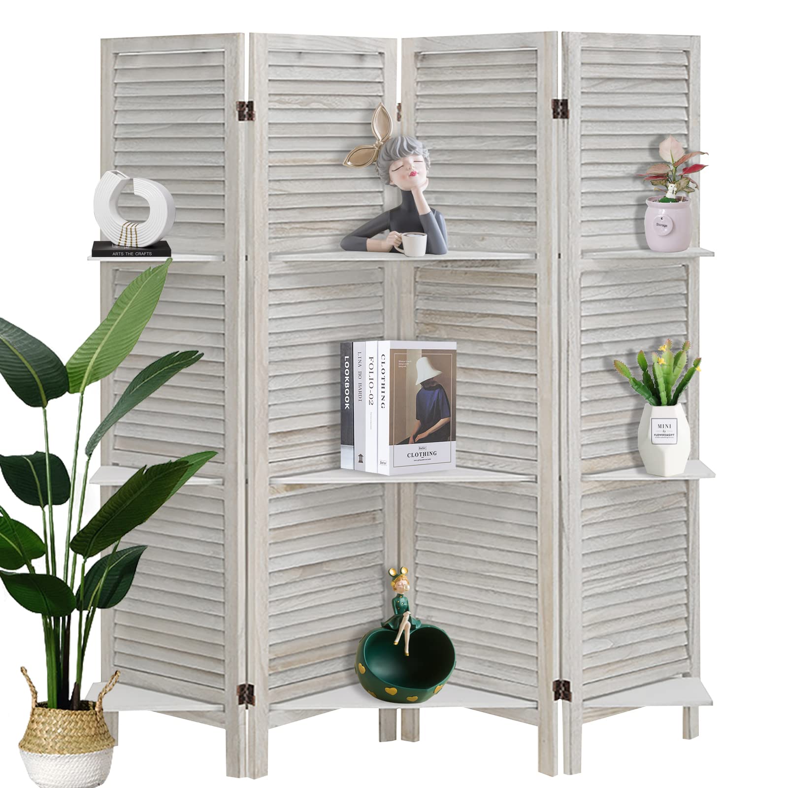 ECOMEX 4-Panel Room Divider with Shelves - White Folding Privacy Screen & Wall Partition for Bedroom, Home Office, Studio - Portable Space Divider for Home Decor, Yoga Studio & Small Apartment Living