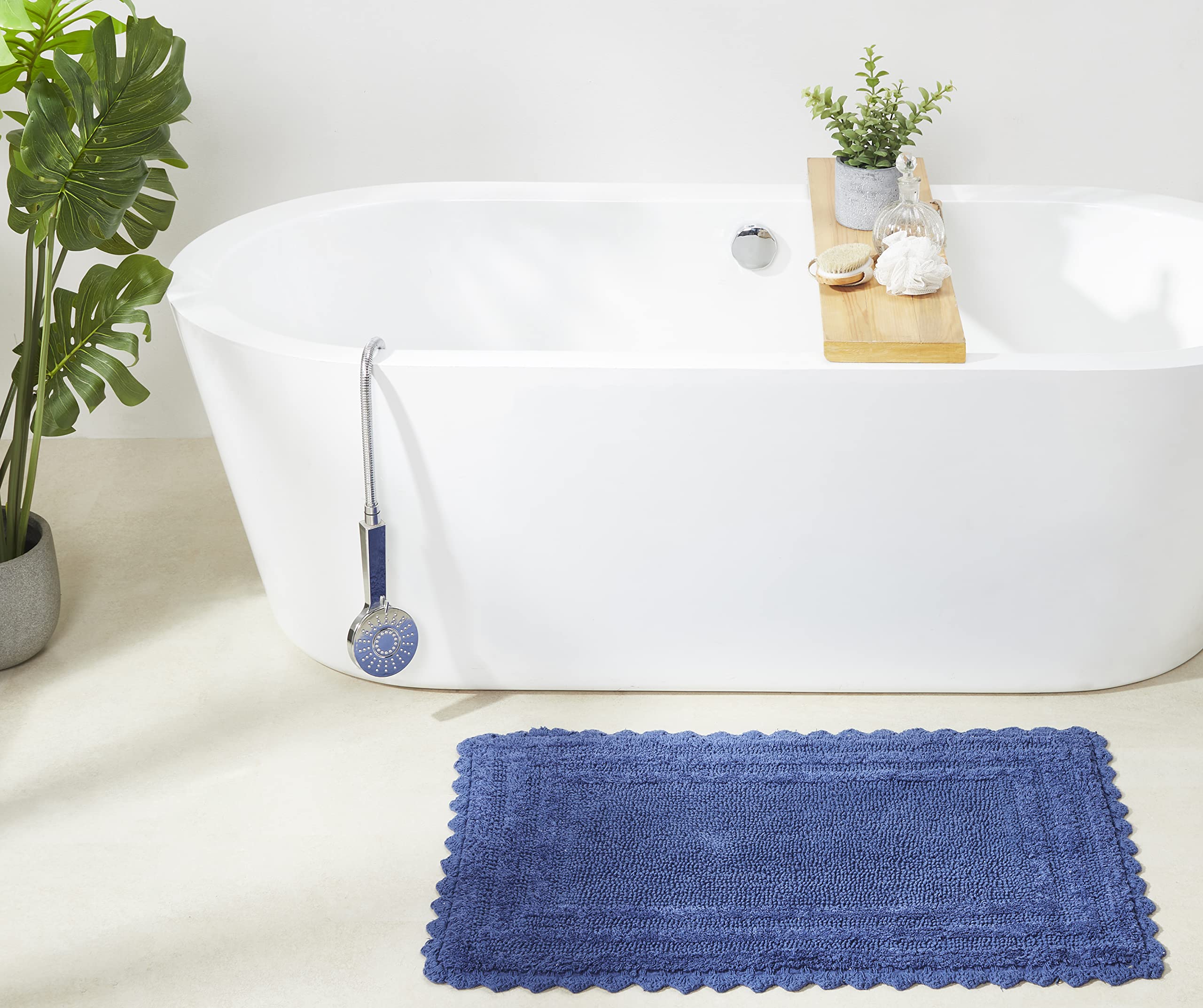 Better Trends 3-Piece Bathroom Rug Set - 100% Cotton, Machine Washable, Reversible & Absorbent Bath Mats with Blue Crochet Design (Lilly Collection) - Perfect for Bathroom Floor, Tub, and Shower Areas