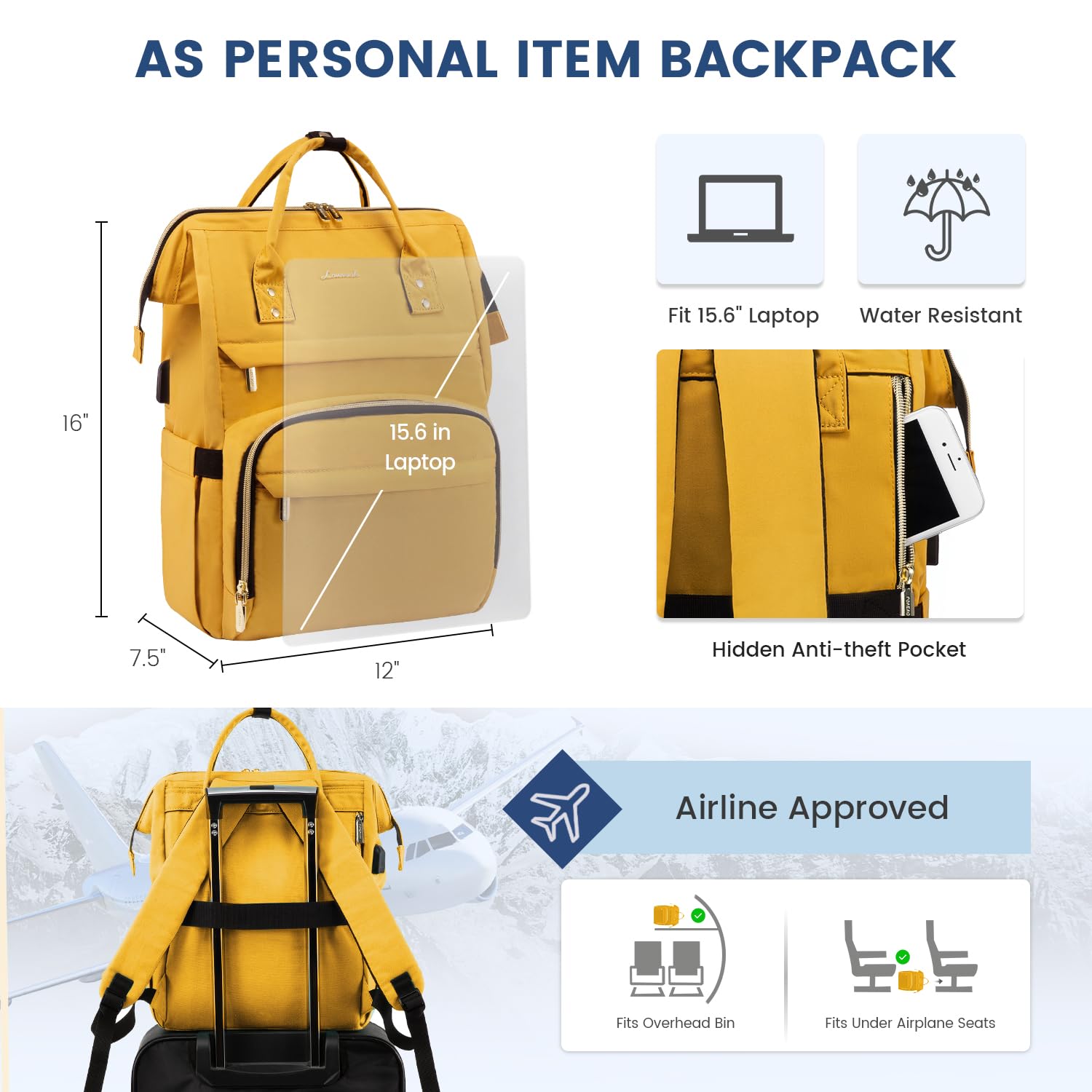 LOVEVOOK 15.6 Inch Anti-Theft Waterproof Laptop Backpack for Women - College, Travel & Work Backpack for Students, Teachers & Nurses - Perfect Gift for Women (Yellow) - Ideal for School, Commuting & Business Trips