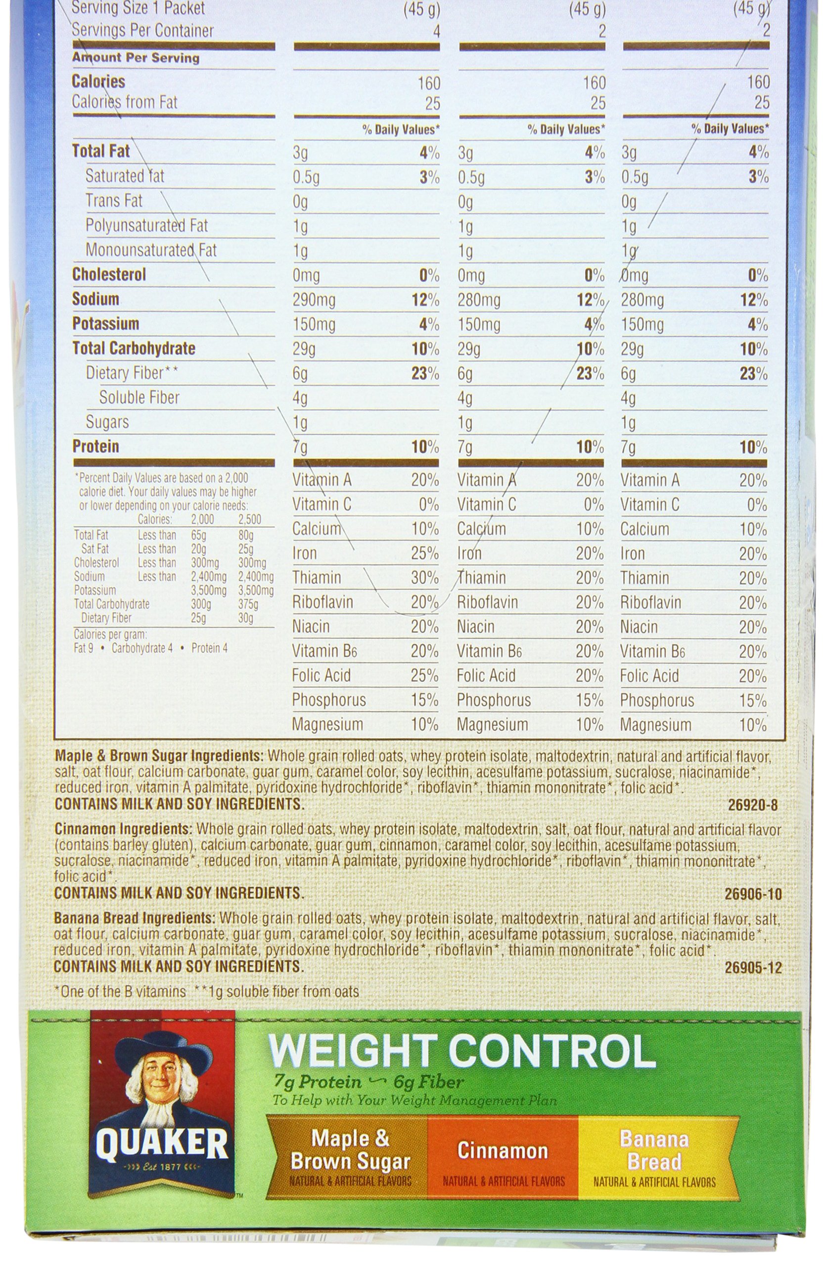 Quaker Instant Oatmeal Weight Control Variety Pack - 12.6oz (4 Boxes, 8 Packets Each) | High Fiber Breakfast Cereal for Weight Management | Perfect for Busy Mornings, Office Snacks & Healthy Diet Plans