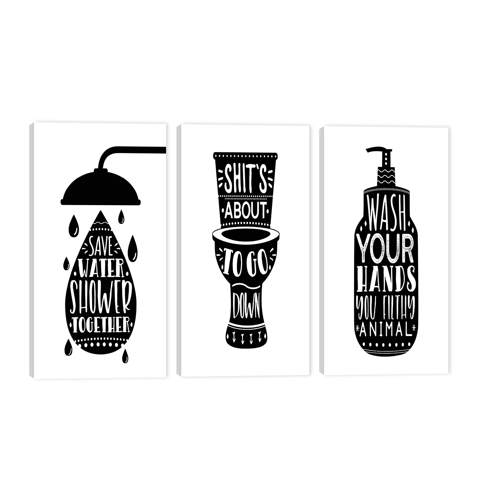 3-Piece Funny Bathroom Wall Art Set - Black & White Canvas Toilet Signs Decor for Modern Bathrooms | Humorous Bathroom Wall Paintings & Decorations | Perfect for Powder Rooms, Guest Baths & Home Decor