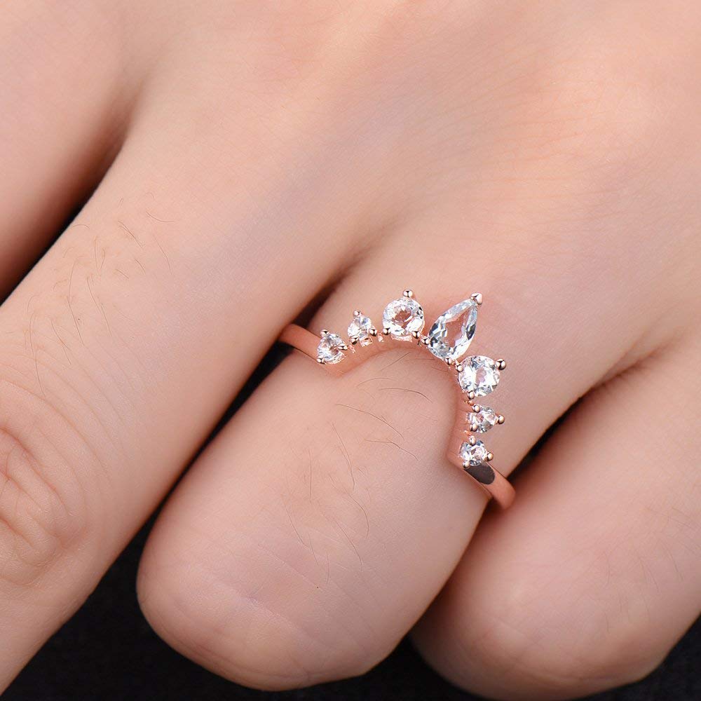 Elegant Aquamarine Crown Wedding Band - Rose Gold Plated Sterling Silver Chevron Stacking Ring for Women, Perfect for Bridal, Anniversary & Engagement Jewelry Gifts