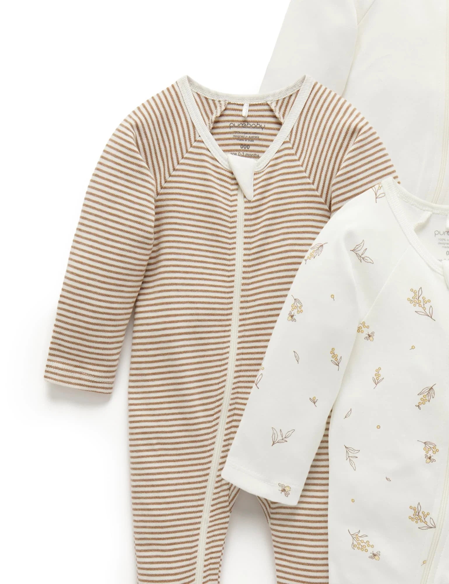 Purebaby Organic Zip Growsuit 4 Pack - Soft Cotton Baby Romper Set for Newborns & Infants (Vanilla Wattle Bee) | Perfect for Playtime, Daycare & Sleepwear
