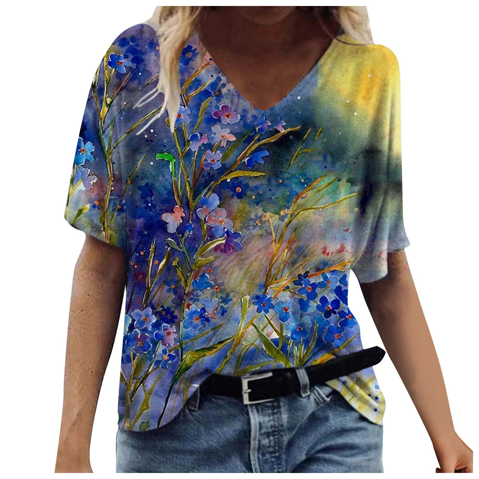 Plus Size Women's Summer Floral Print V-Neck T-Shirt - Soft Loose Casual Tunic Blouse for Everyday Wear | Beach, Vacation & Office Outfits