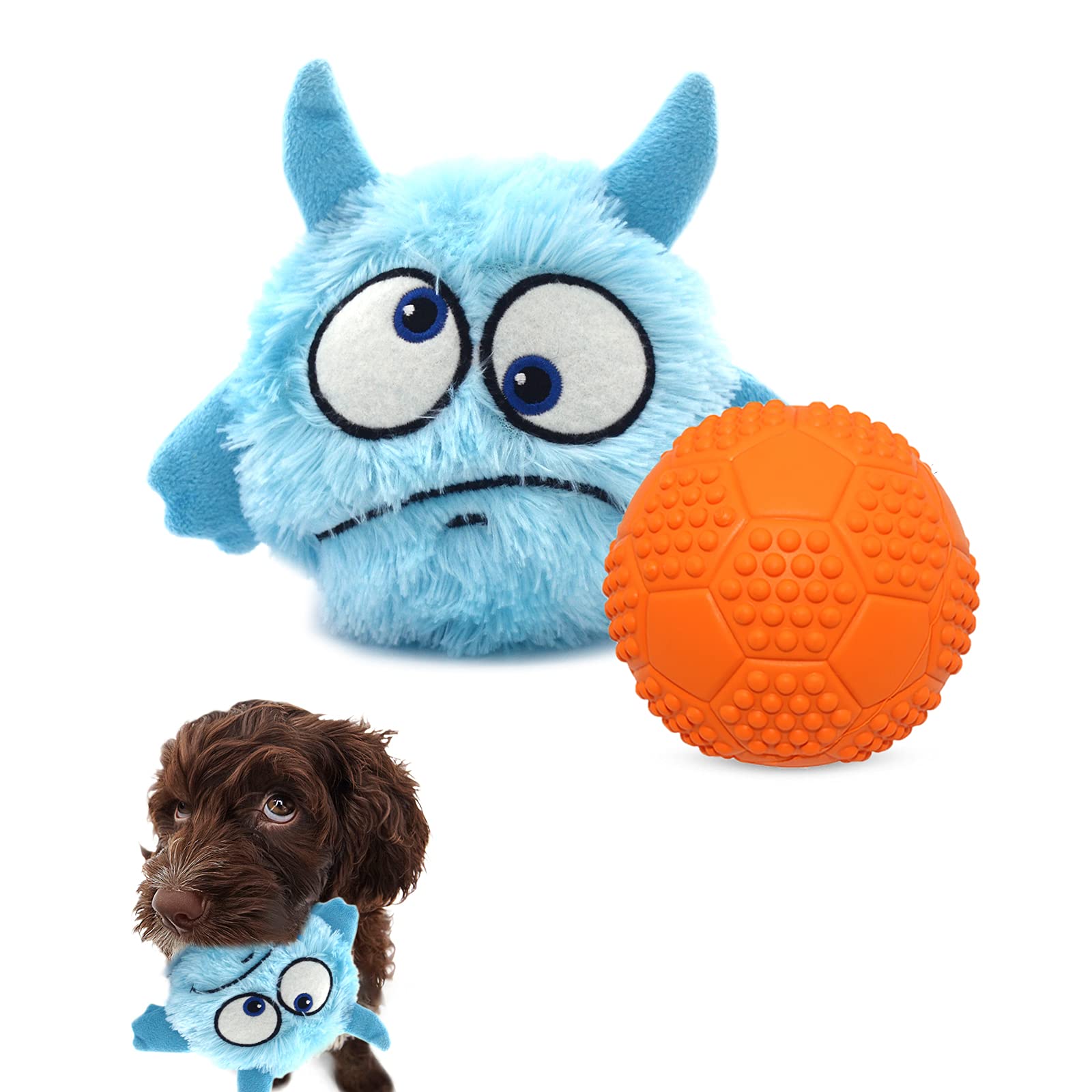 2-in-1 Interactive Dog Toys with Squeaky Plush & Balls - Fun Halloween & Christmas Pet Gifts for Small, Medium & Large Dogs (Blue Monster Design) - Perfect for Indoor Play, Training & Bonding Time