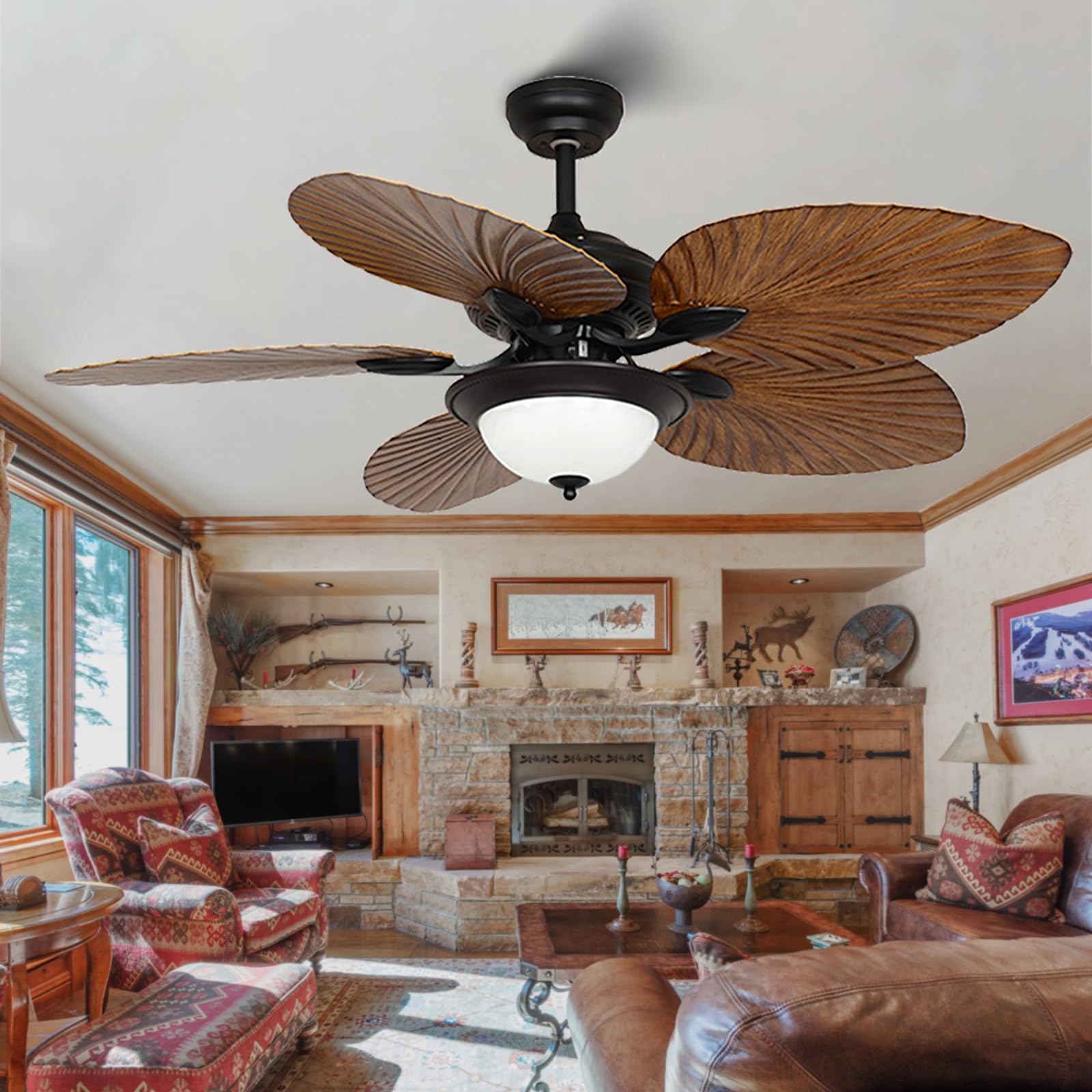 52 Inch Tropical Ceiling Fan with Light and Remote Control - Palm Leaf Chandelier Style Farmhouse Fan for Indoor/Outdoor Use - Perfect for Bedroom, Kitchen, Living Room and Patio Cooling
