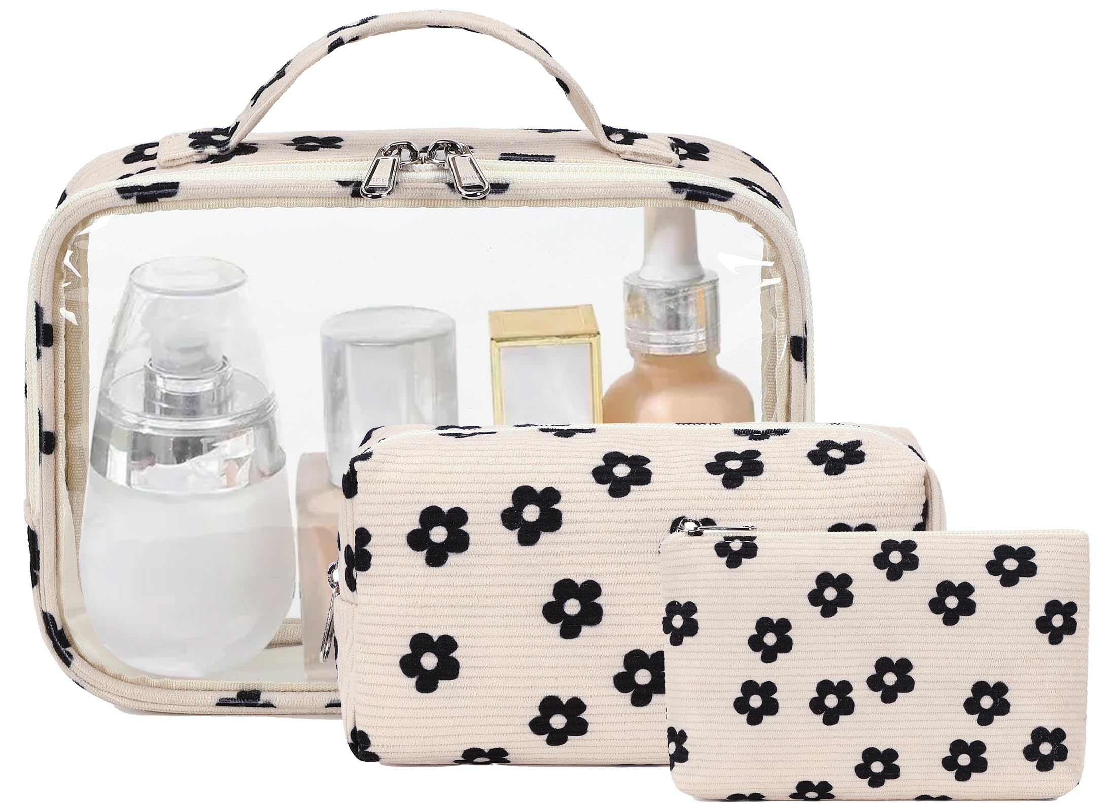 Bluboon 3-Piece Clear Makeup Toiletry Bag Set for Women - Waterproof Travel Cosmetic Organizer with Zipper - Perfect for Airplane Carry-On, Gym, and Vacation Essentials (Corduroy Floral Design)