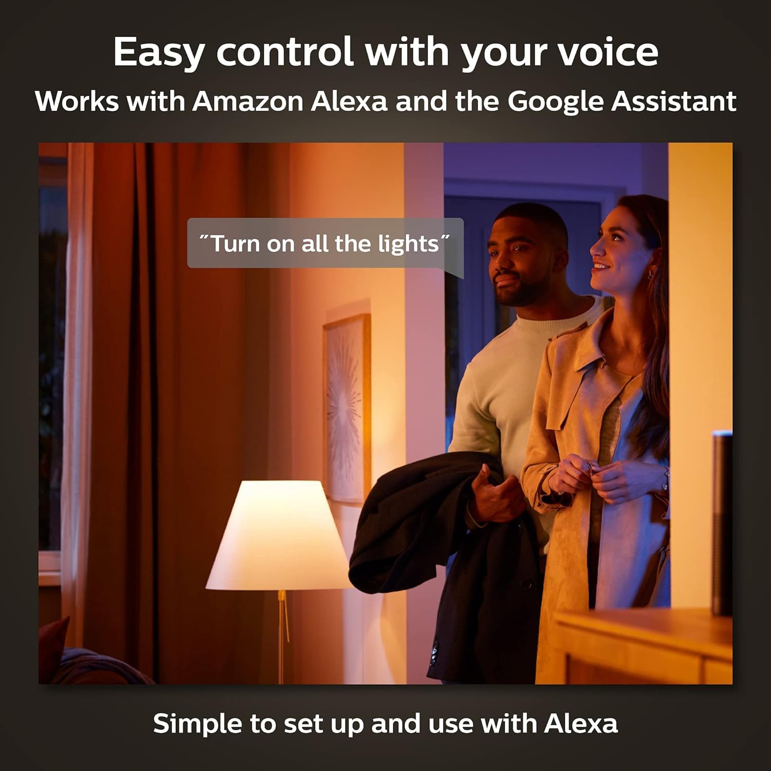 Philips Hue Smart Light Starter Kit with Bridge, Dimmer Switch & 2 A19 LED Bulbs - 16 Million Colors, 800LM E26 Base - Works with Alexa, Google Assistant & Apple HomeKit - Perfect for Bedroom, Living Room & Smart Home Automation
