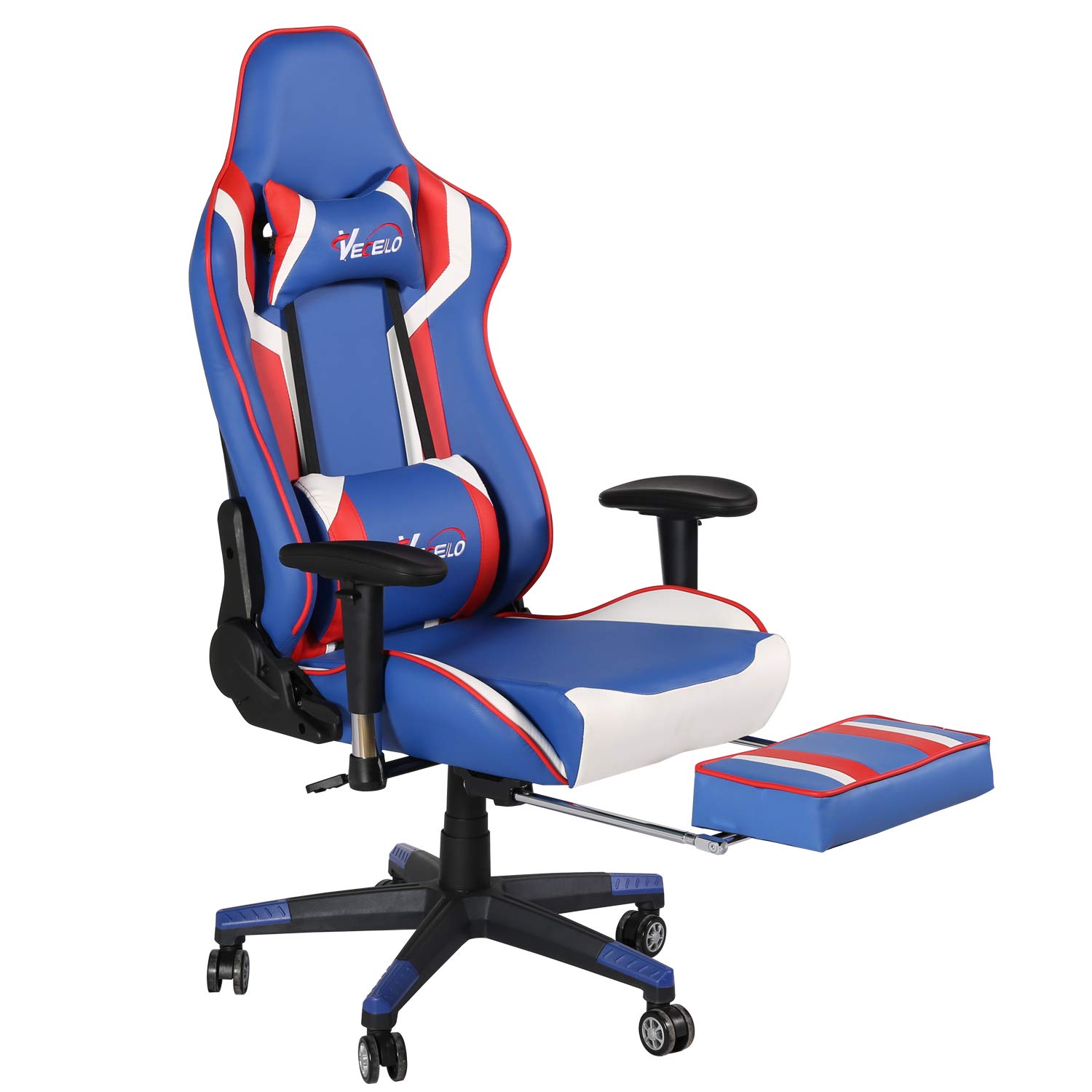 VECELO Ergonomic Gaming Office Chair - High Back Executive Swivel Chair with Adjustable Headrest, Massage Lumbar Support & Retractable Footrest - Blue PU Leather Computer Desk Chair for Home Office, Gaming Setup, and Workspace Comfort