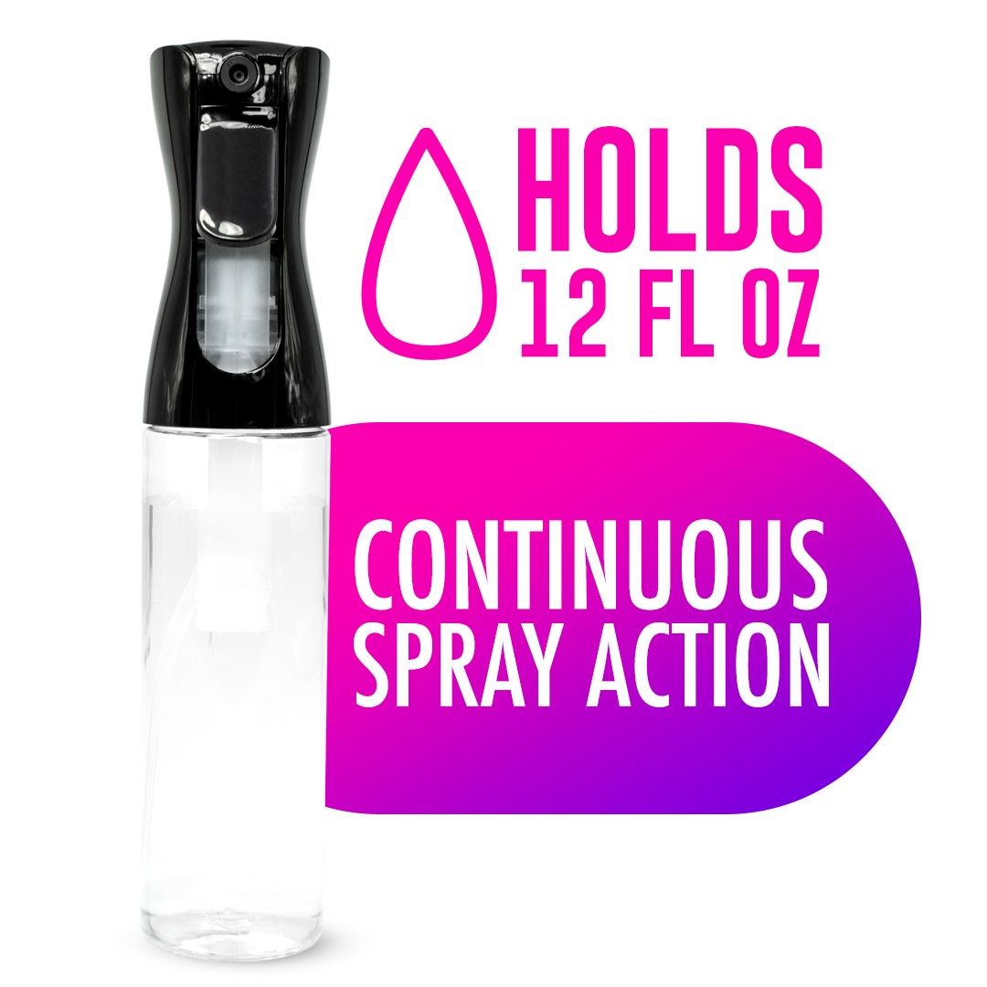 12 oz Continuous Mist Spray Bottle - Black & Clear for Hair, Skin & Plants - Perfect for Salon, Home & Garden Use