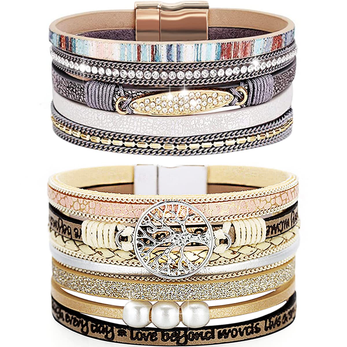 Boho Leather Wrap Bracelet with Crystal Beads - Trendy Layered Magnetic Clasp Jewelry for Women | Perfect for Festival, Yoga, and Everyday Boho Chic Style