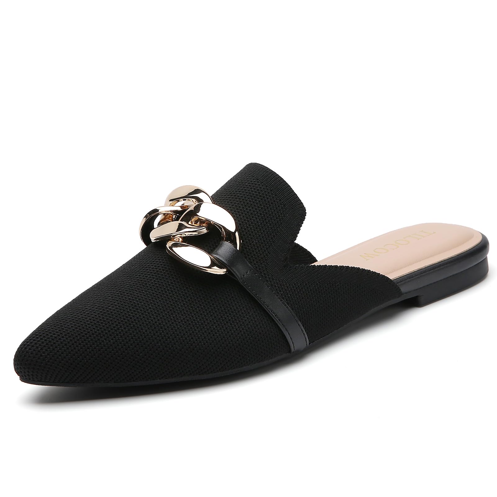 Tilocow Women's Knitted Mules with Metal Chain Decor - Pointed Toe Mesh Backless Loafers Slip On Business Casual Shoes | Comfortable Walking Slides for Office, Travel & Daily Wear