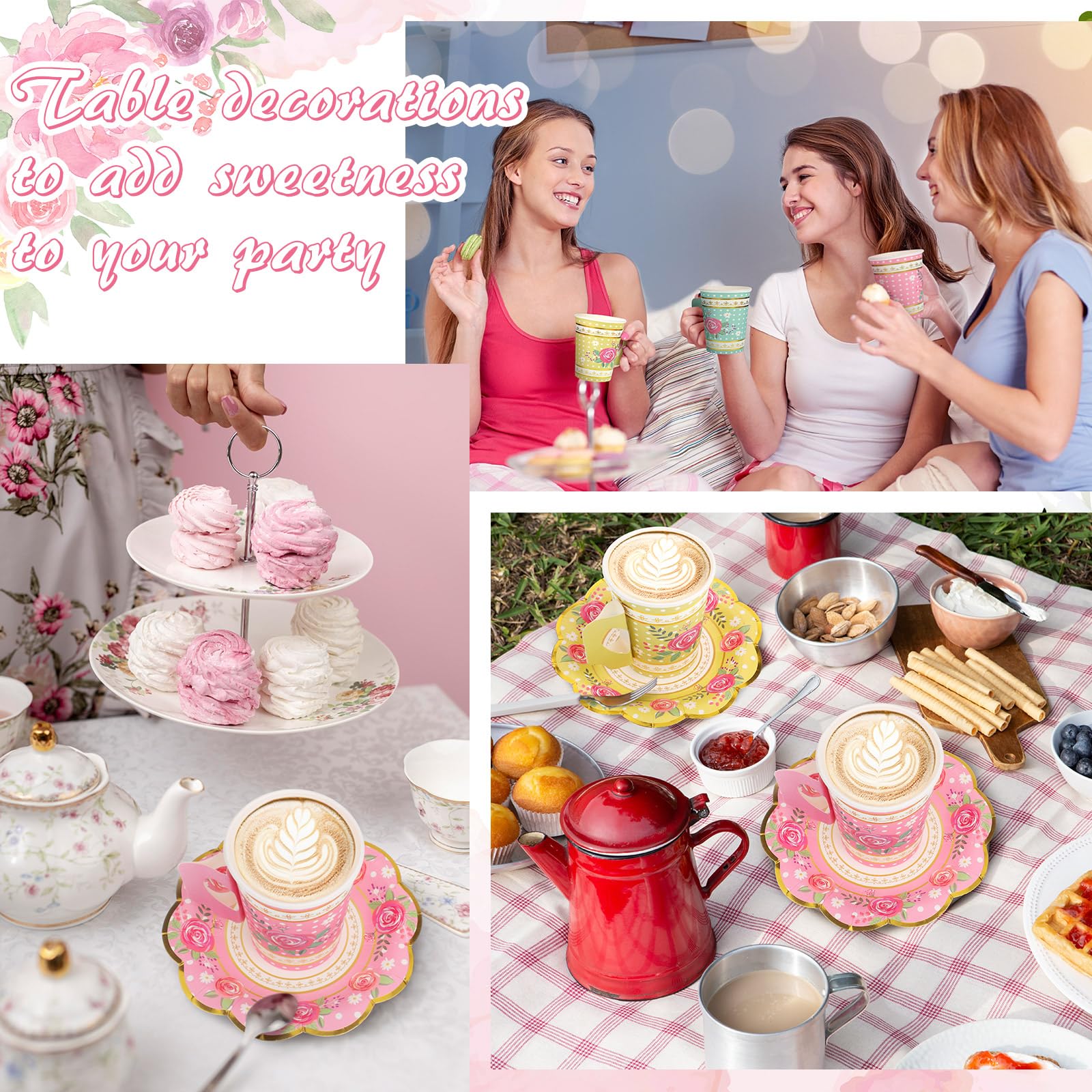 200 Pcs Floral Disposable Paper Tea Cups and Saucers Set - 9 oz Bulk Tea Cups with Handles & Plates for Tea Party, Baby Shower, Wedding, Birthday - Serves 100 Guests - Perfect for Garden Parties, Bridal Showers & Afternoon Tea Events