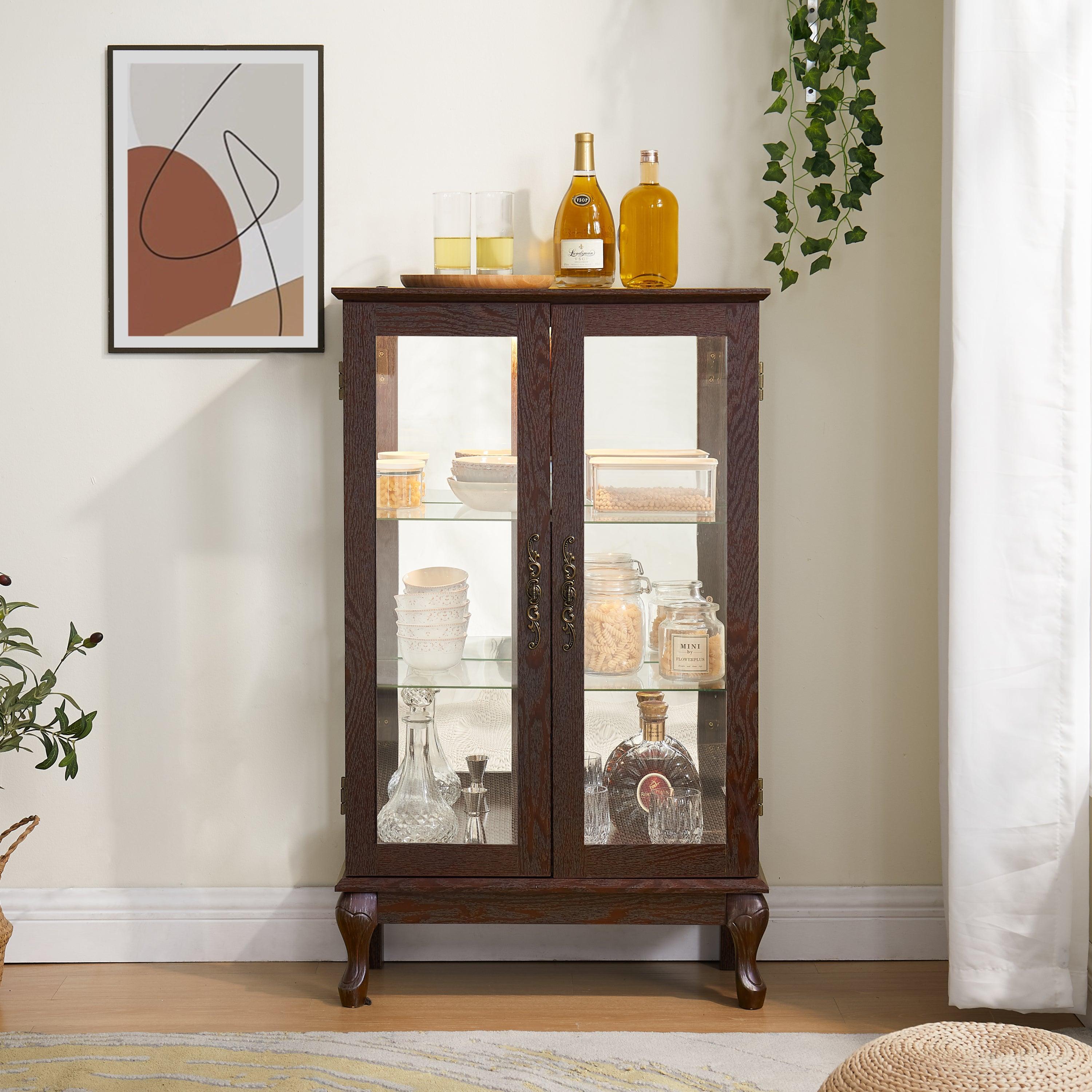 2 Door Curio Cabinet with Tempered Glass & Mirrored Back - LED Lighted Display Case for Living Room, Dining Room, Office - Showcase Collectibles, China, or Decor Items