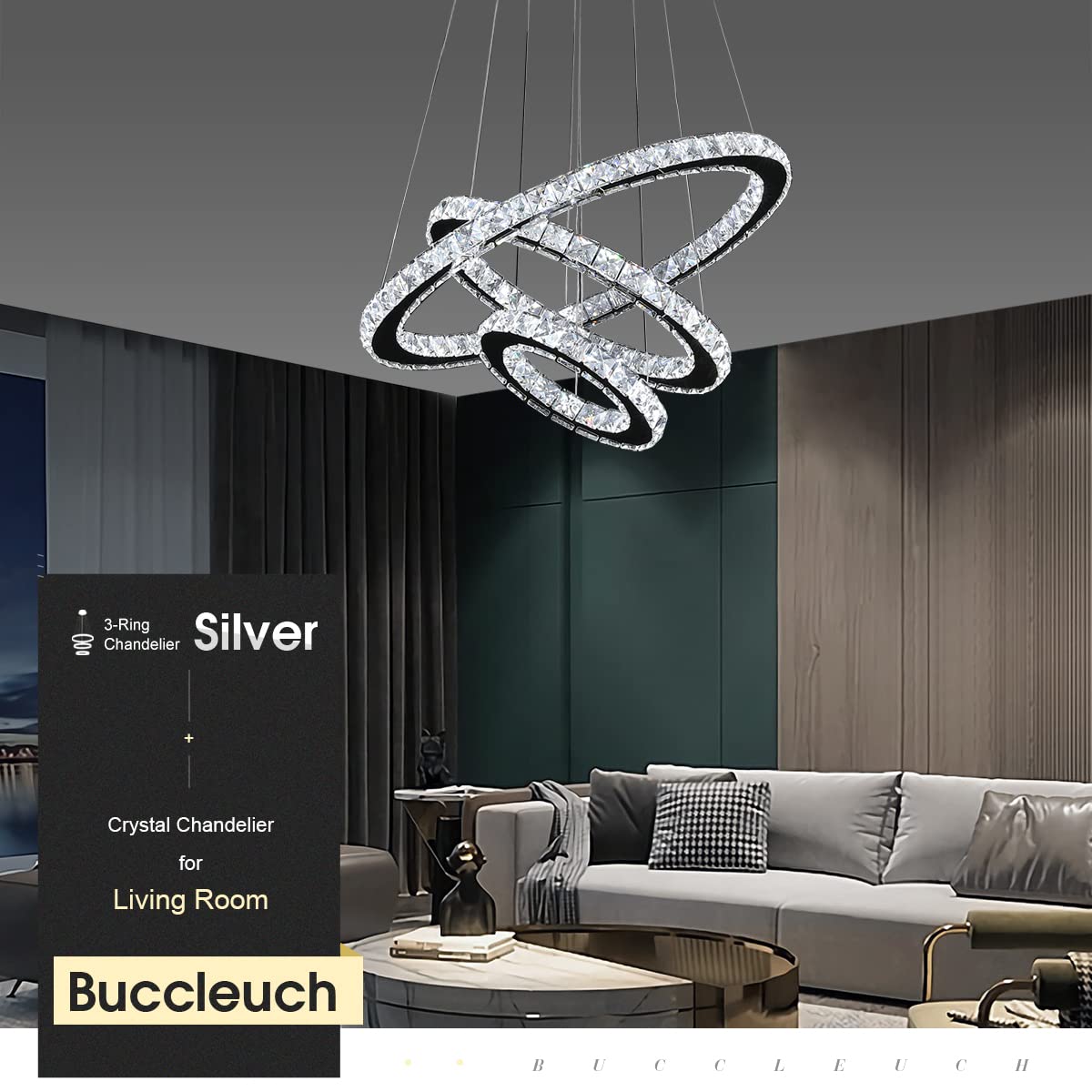 Buccleuch Modern Crystal Chandelier - Dimmable LED Pendant Light with 3-Ring Adjustable Stainless Steel Design | Silver Dining Room Chandelier for Bedroom & Living Room Lighting | ETL Certified for Home & Office Decor