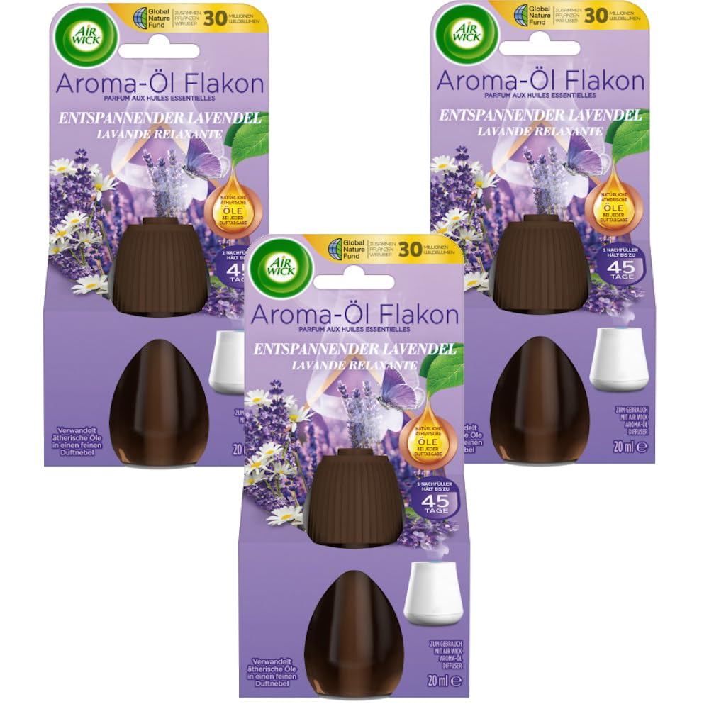 Air Wick Essential Oil Diffuser Refill - Relaxing Lavender Scent, 3-Pack (3 x 20ml) for Aromatherapy, Home Spa, Yoga & Stress Relief