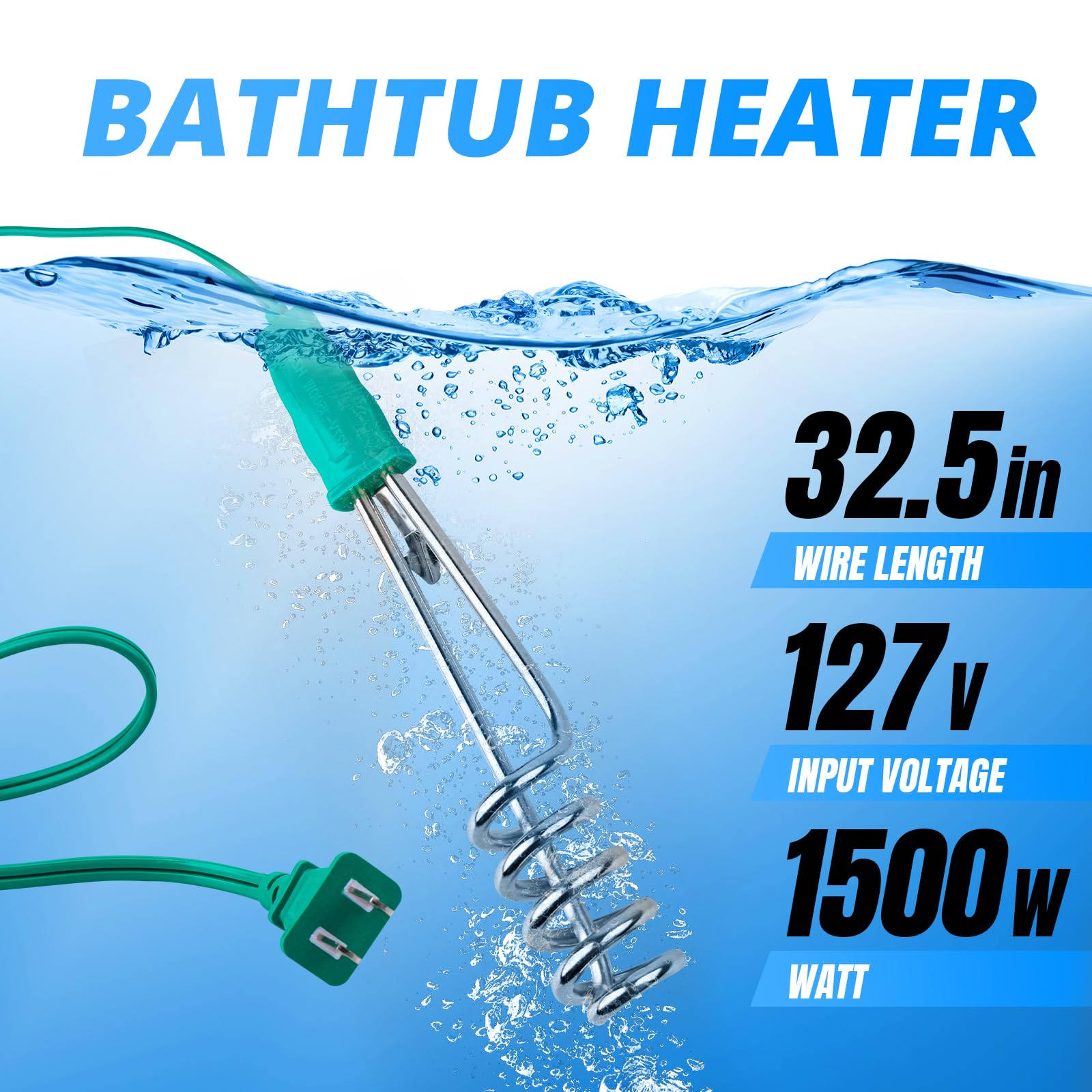 Earthtec 1500W Portable Immersion Water Heater for Bathtubs, Pools & Camping - Fast Heating for Inflatable Pools, Above Ground Pools & Small Tubs (127V) - Perfect for Home Spa, Backyard Swimming & Outdoor Adventures