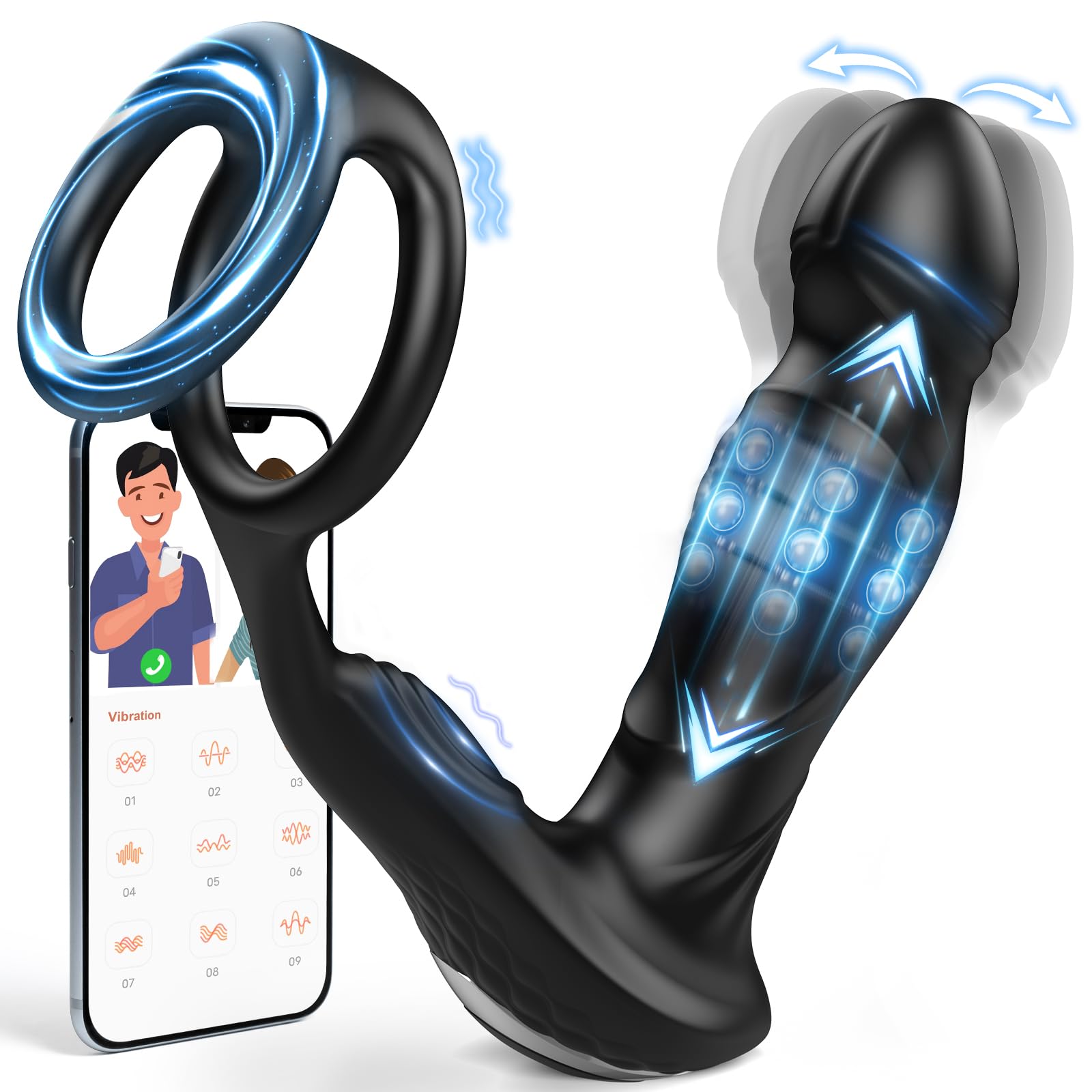 App Controlled Prostate Massager with 9 Vibration Modes - Dual Cock Ring Anal Vibrator for Men & Couples | Adult Sex Toy for Solo Play & Partner Intimacy