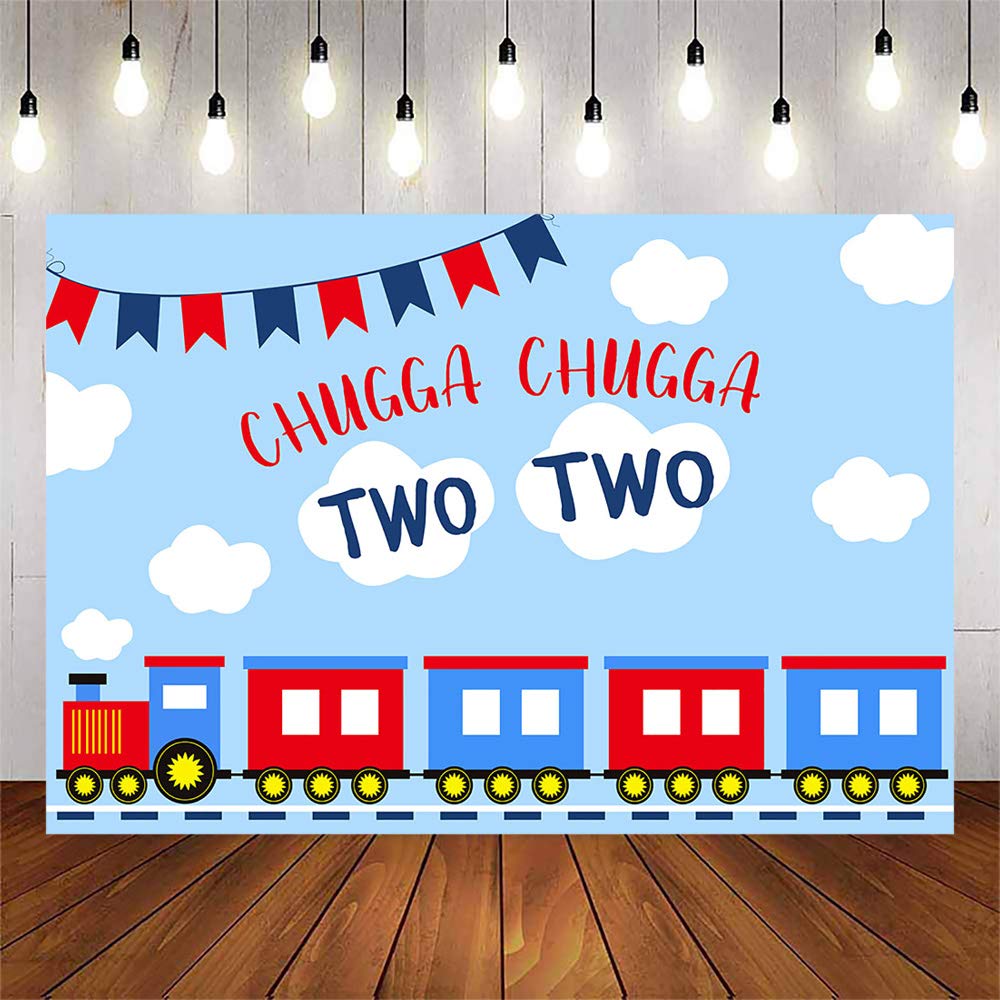 Chugga Chugga Two Two! Blue Sky & White Clouds Train Themed 2nd Birthday Backdrop (7x5ft) - Perfect for Boy's Second Birthday Party Decorations, Baby Showers & Photo Booths